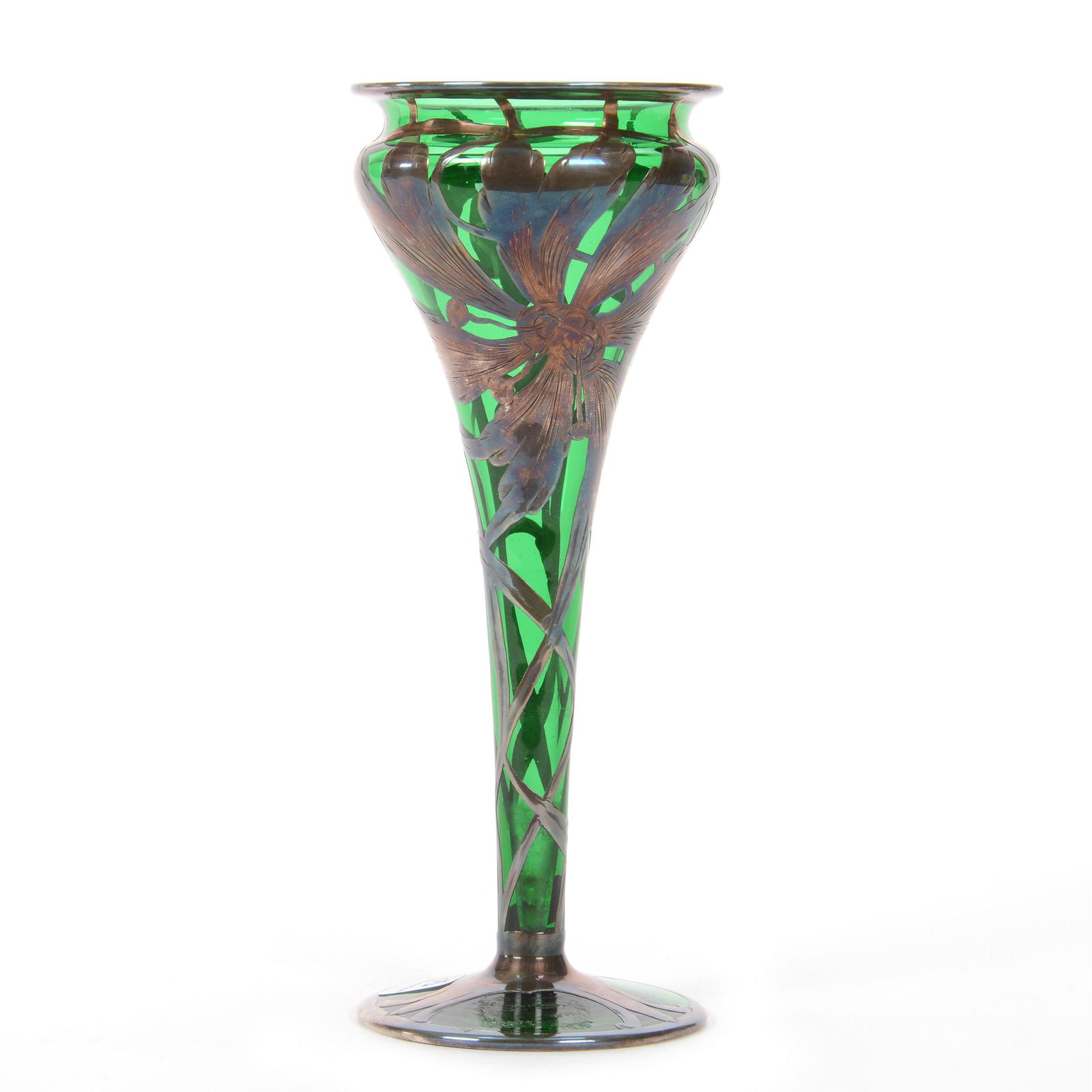 Trumpet Vase, Emerald Green Art Glass W/Sterling (1 of 3)