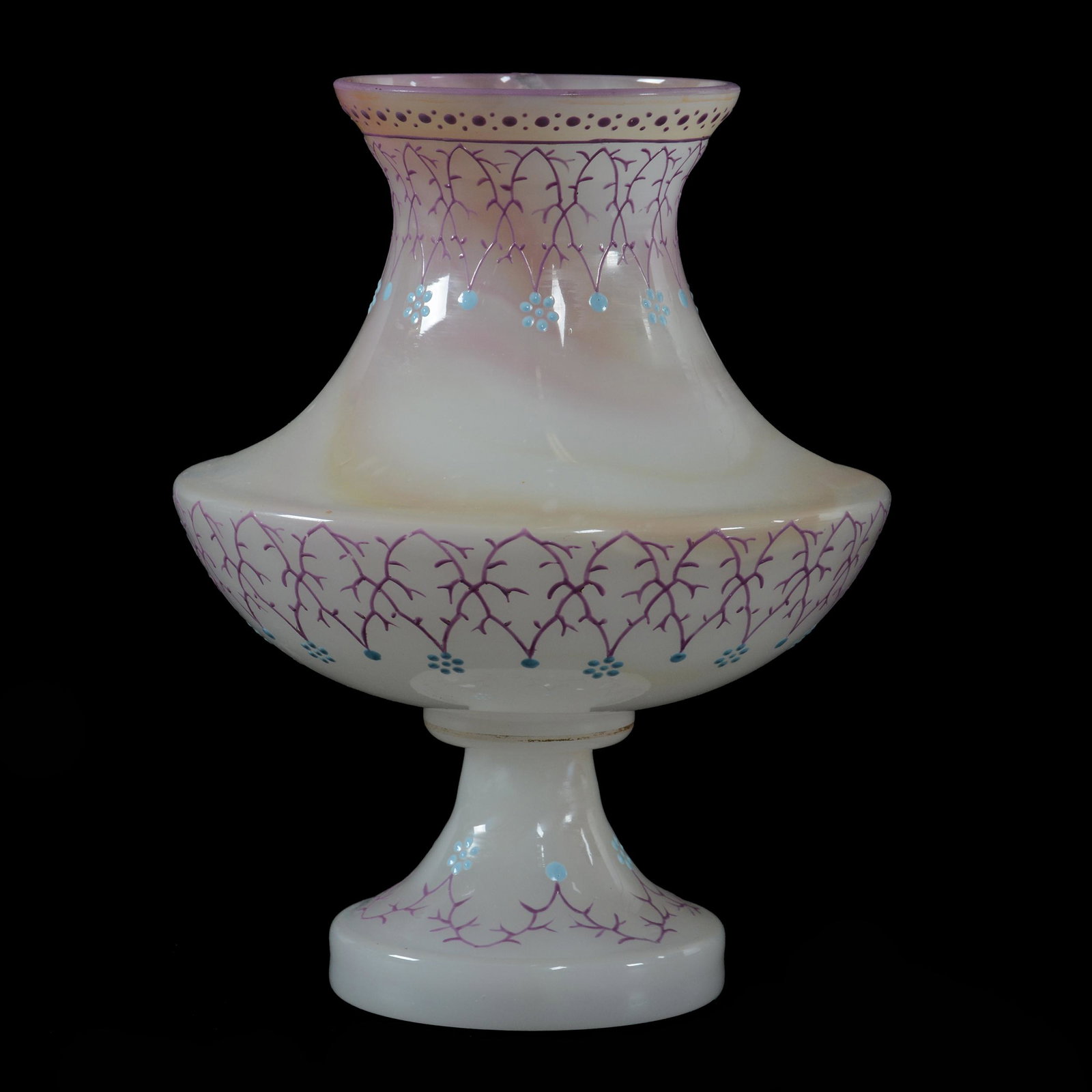Pedestal Vase, Possibly Loetz/Harrach Art Glass: Pedestal Vase, Possibly Loetz/Harrach Art Glass, 7.25" X 5.5", Very Similar To Marmoriertes Design, Tiny Open Bubble On Top Rim, Private Collection, IL.