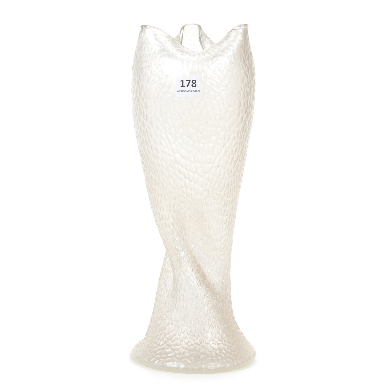 Vase, Unmarked Kralik Art Glass, Martele Pattern: Vase, Unmarked Kralik Art Glass, Martele Pattern, 12" X 4.5", Twist Body With Trefoil Rim, Iridescent White, Private Collection, IL.