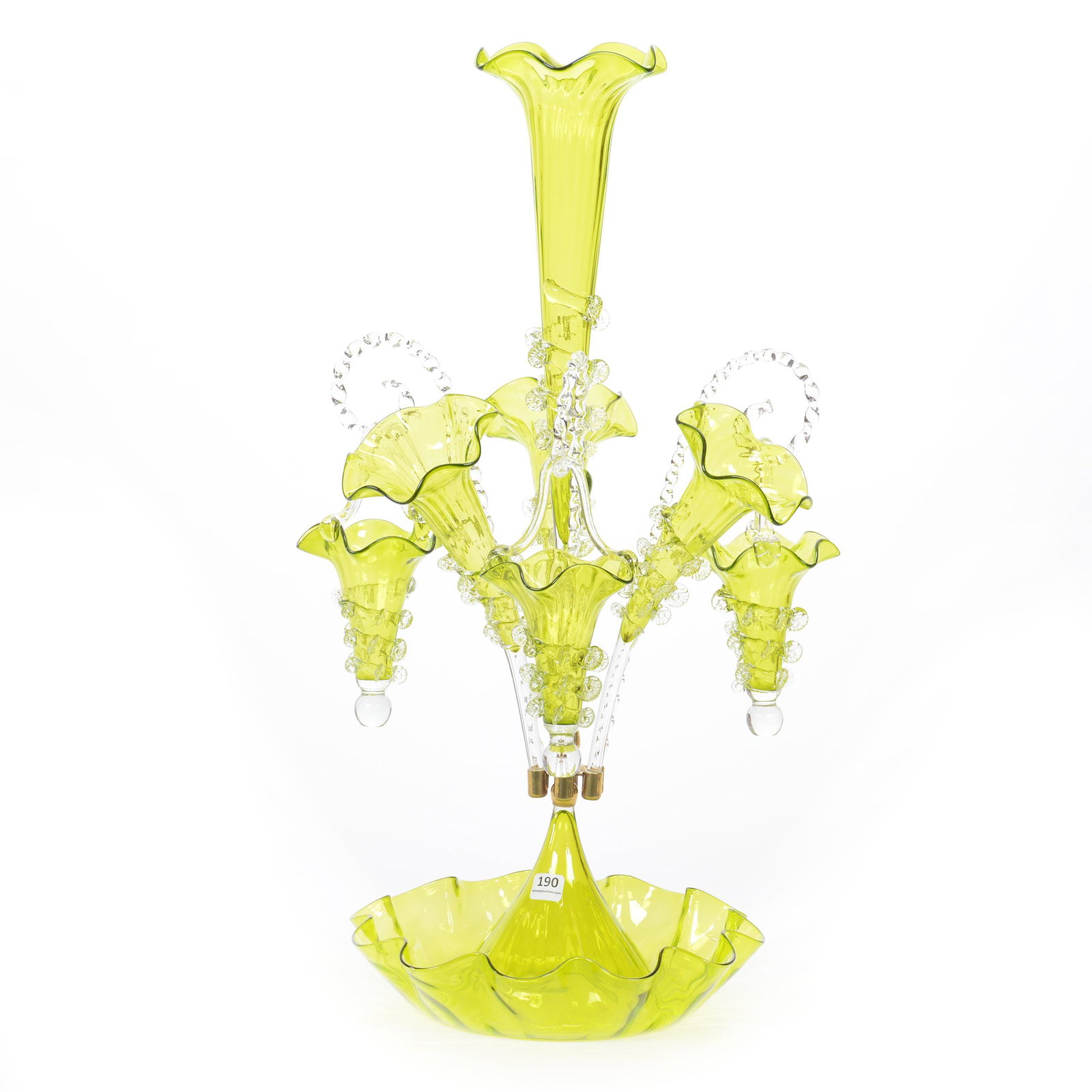 Epergne Centerpiece, Green Art Glass: Epergne Centerpiece, Green Art Glass, 24" X 13", Four Lilies With Three Canes Holding Baskets, Circa Late 20th Century, Private Collection, IL.