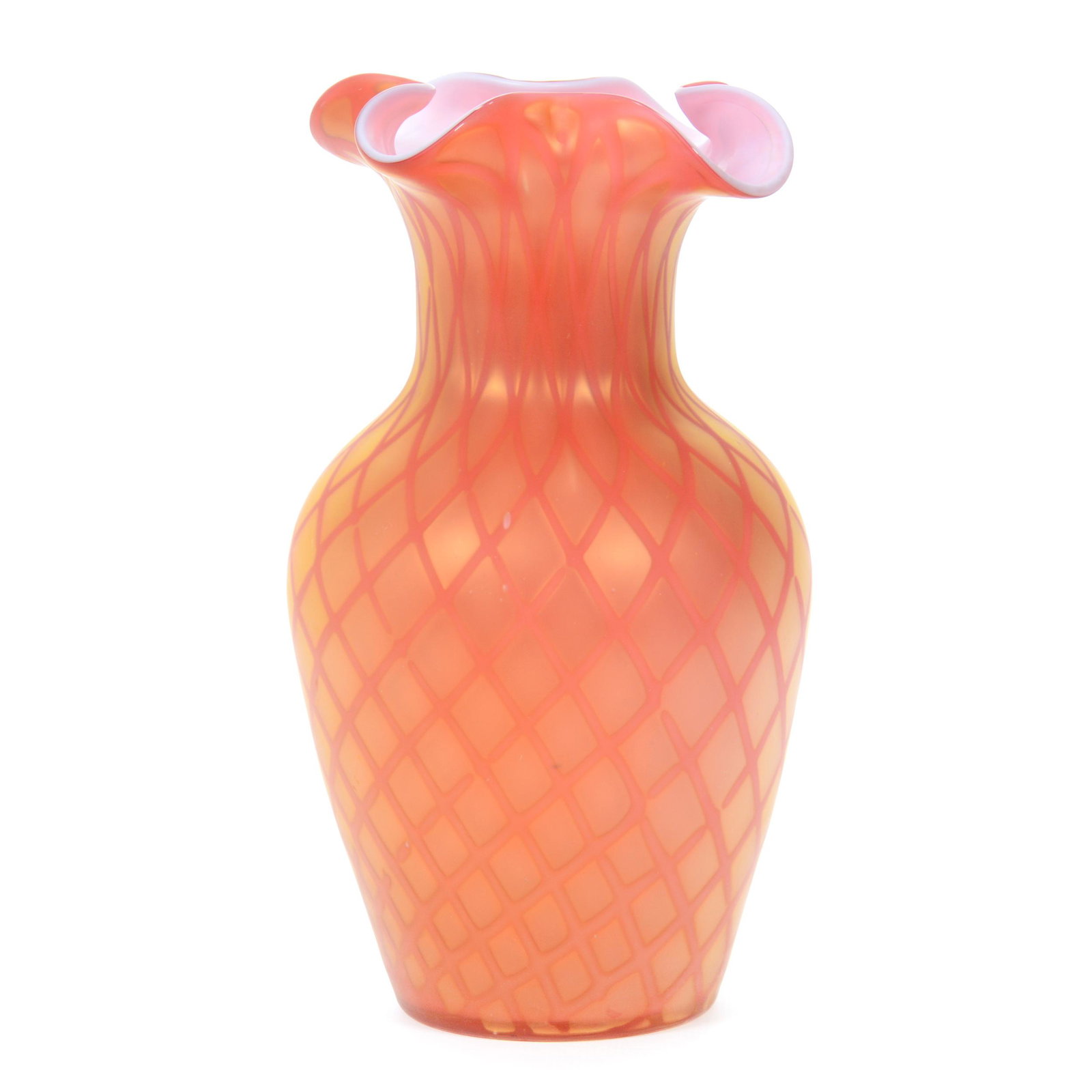 Vase, Watermelon Satin Diamond Quilted MOP: Vase, Watermelon Satin Diamond Quilted MOP, 8.25" X 4.5", Four-Sided Crimped Rim, Private Collection, IL.