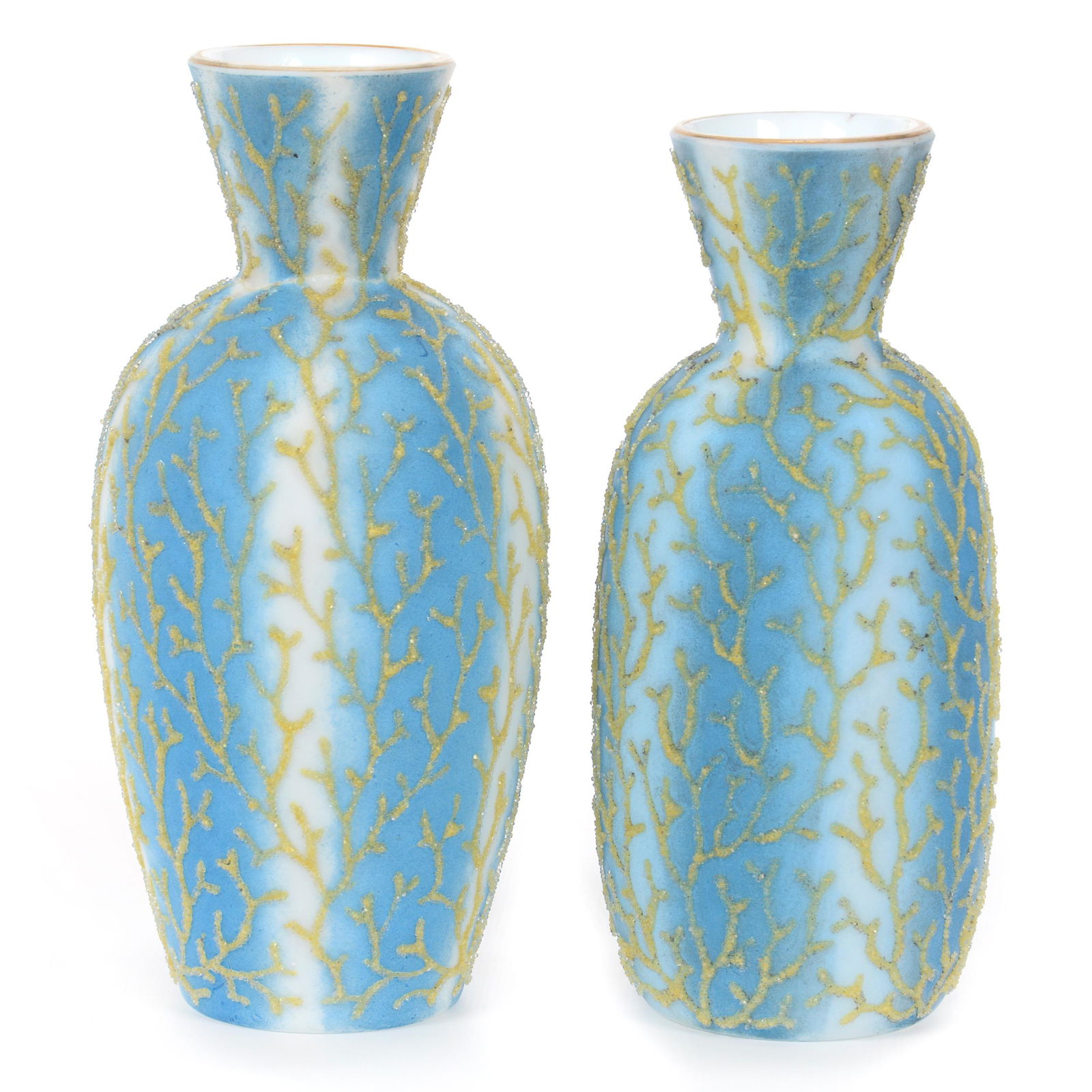 (2) Vases, Blue & White Bristol Art Glass, Decorated (1 of 3)