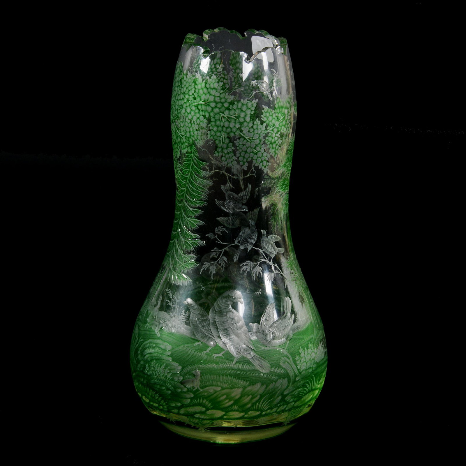 Vase, Unmarked Moser Art Glass: Vase, Unmarked Moser Art Glass, 12.5" X 6", Beautiful Crystal Clear With Green Expertly Engraved Scene Of Game Bird, Rabbit And Forest, The Center Of Base Has Been Drilled And Plugged For A Lamp, Priv