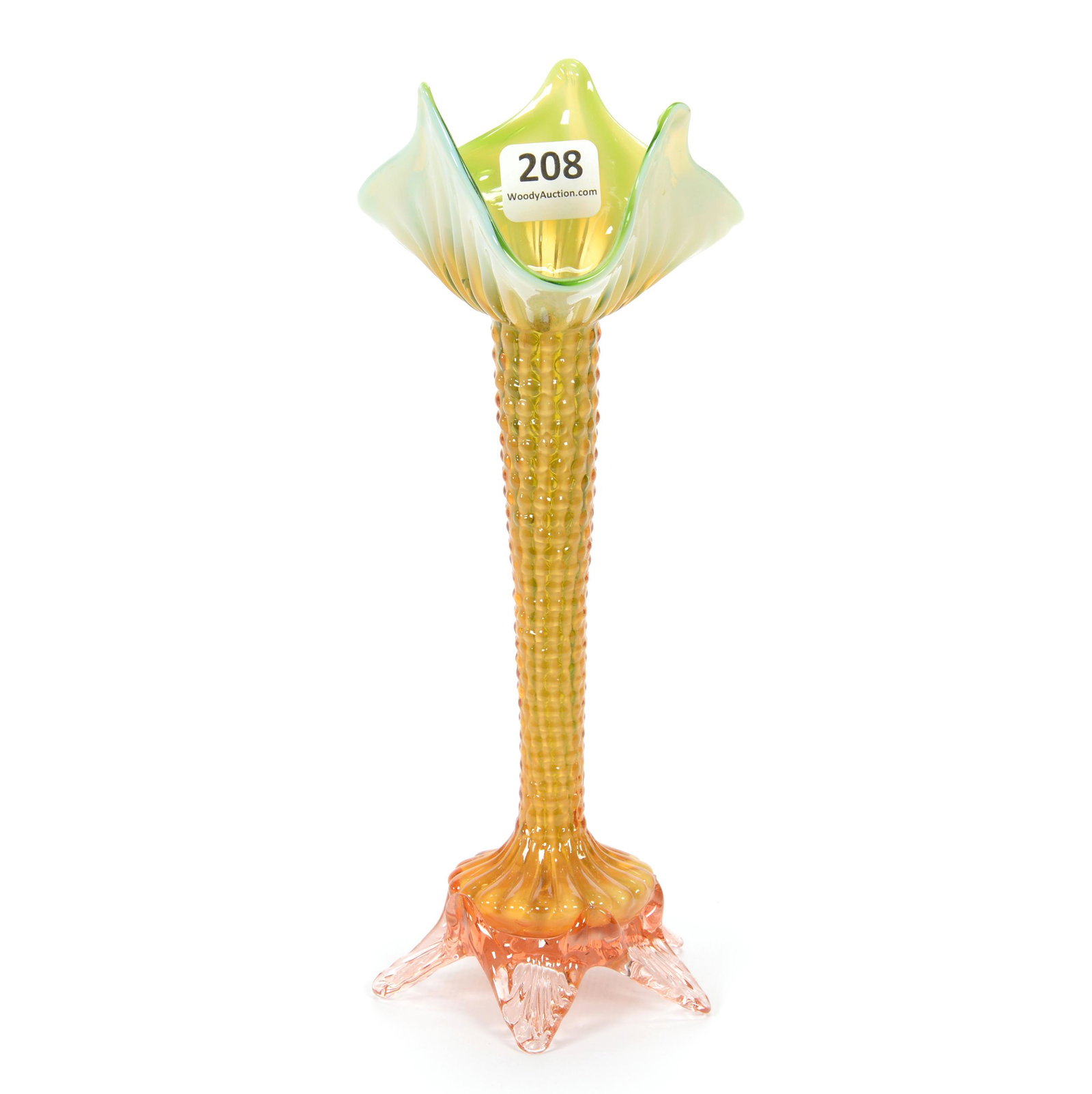 Vase, Green, Amber & White Opal Stripe Art Glass: Vase, Green, Amber & White Opal Stripe Art Glass, 8.25" X 3.25", Textured Exterior, Applied Pink Petal Feet, Trefoil Rim, Private Collection, IL.