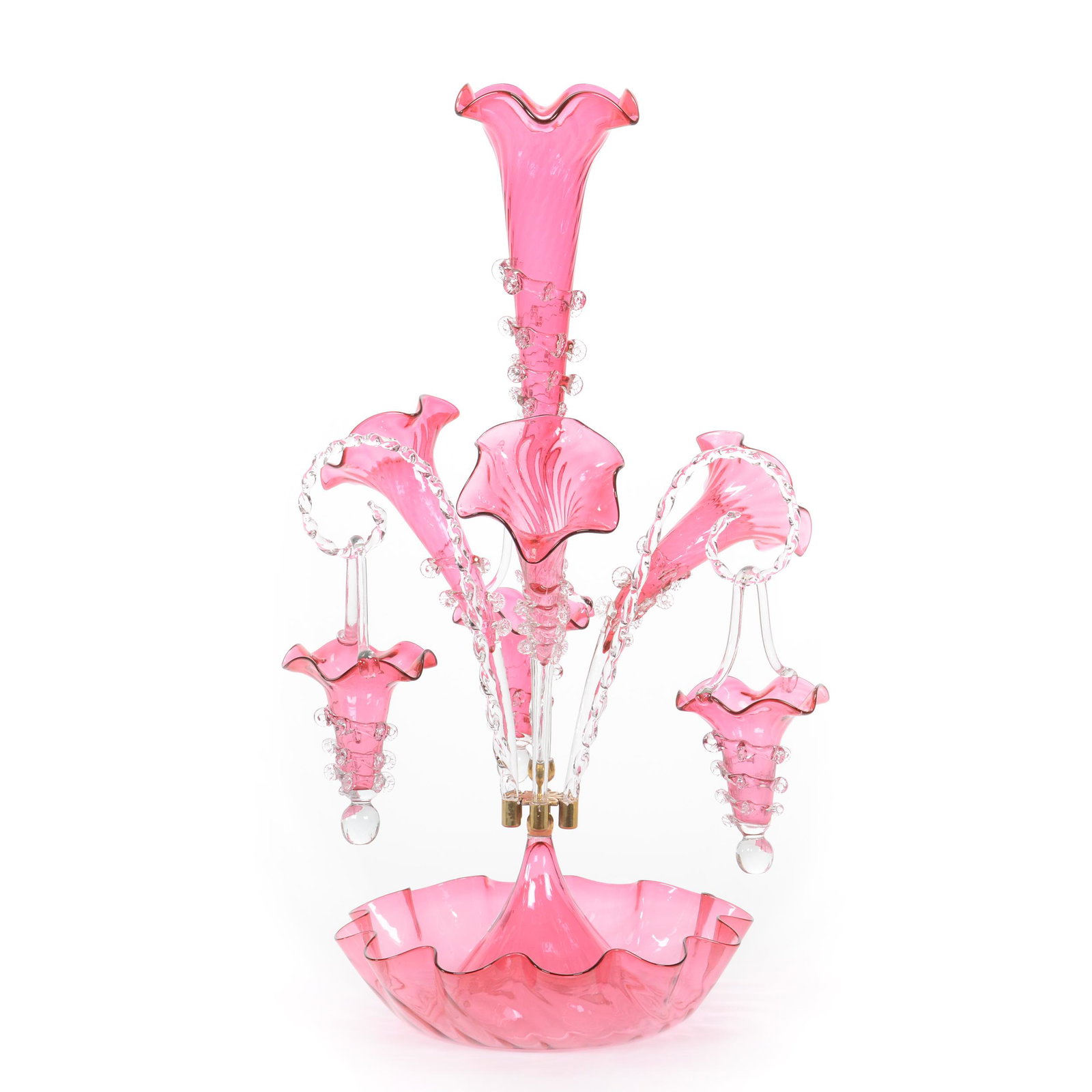 Epergne Centerpiece, Cranberry Art Glass: Epergne Centerpiece, Cranberry Art Glass, 23.5" X 13", Four Lilies With Three Canes Holding Baskets, Circa Late 20th Century, Private Collection, IL.