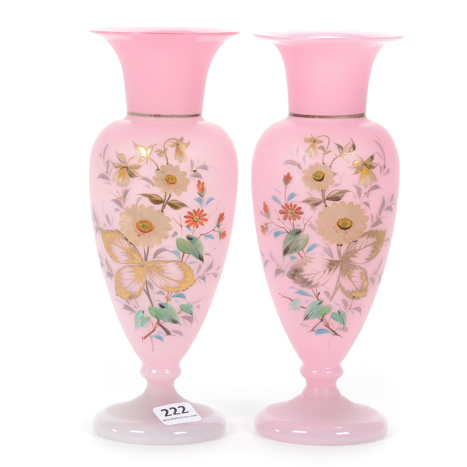Pair Pedestal Vases, Pink Opaque Bristol Art Glass (1 of 3)