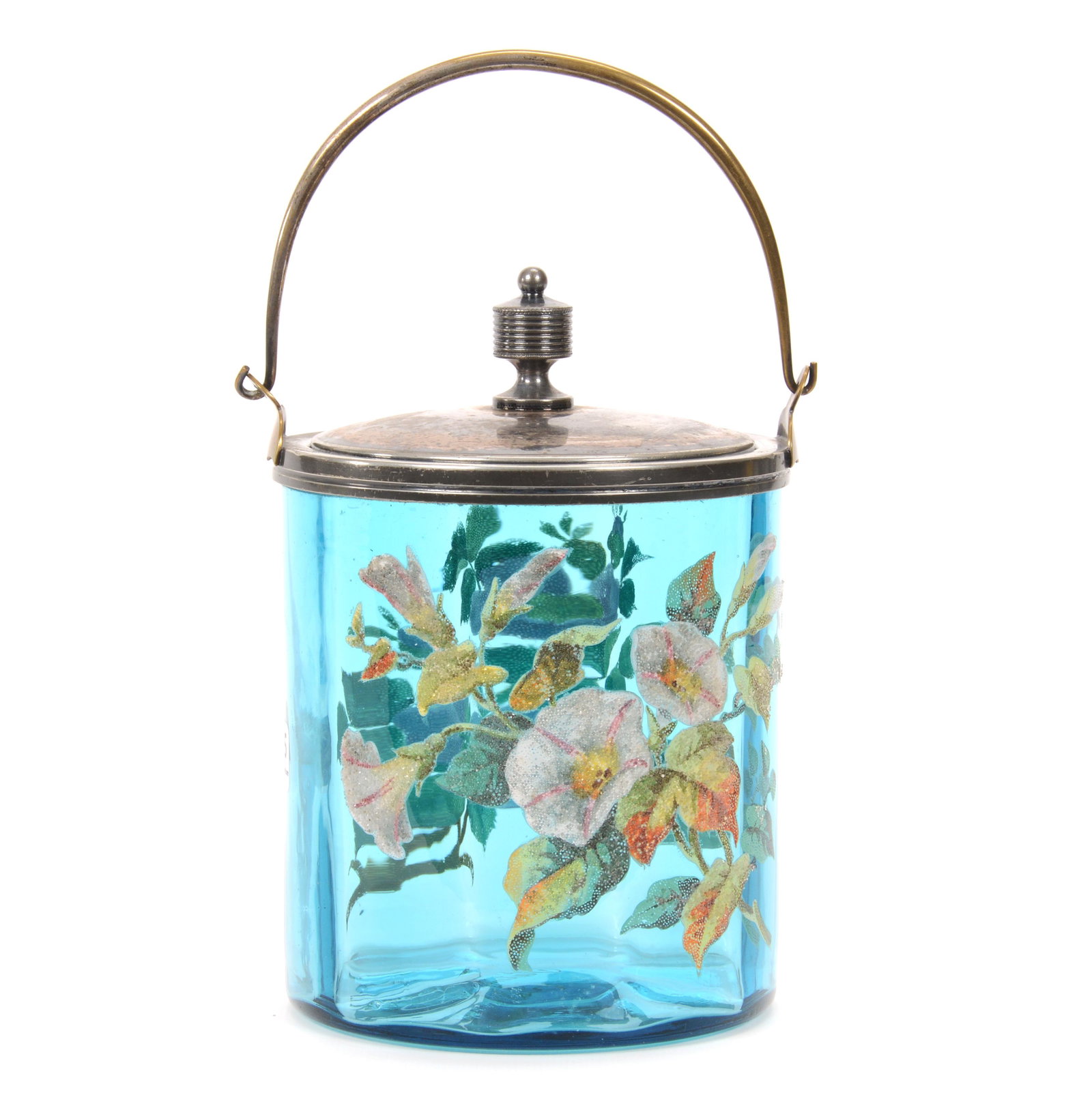 Biscuit Jar, Blue Art Glass W/Heavy Coralene: Biscuit Jar, Blue Art Glass W/Heavy Coralene, 7.25" X 5.5", Heavy Coralene Apple Blossom And Morning Glory Decor, Silverplate Lid And Bail, Private Collection, IL.