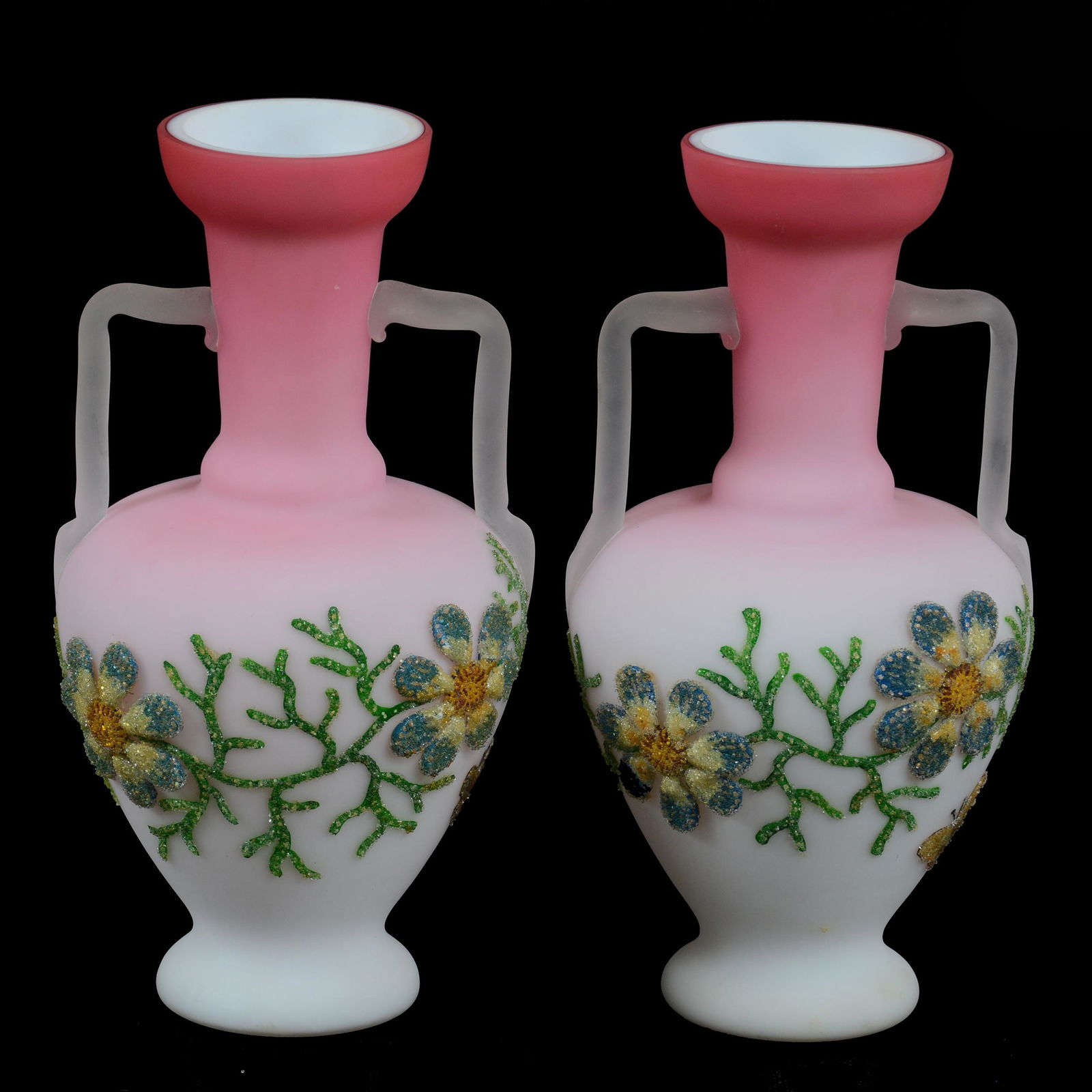 Pair Vases, Pink & White Satin Art Glass, Decorated (1 of 3)