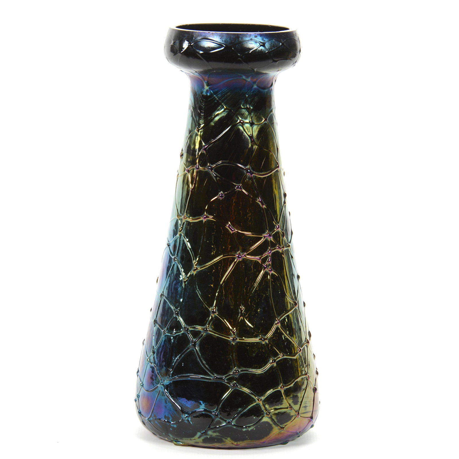 Vase, Unmarked Loetz Style Art Glass: Vase, Unmarked Loetz Style Art Glass, 8.25" X 4", Iridescent Amethyst With Threaded Textured Body, Private Collection, IL.