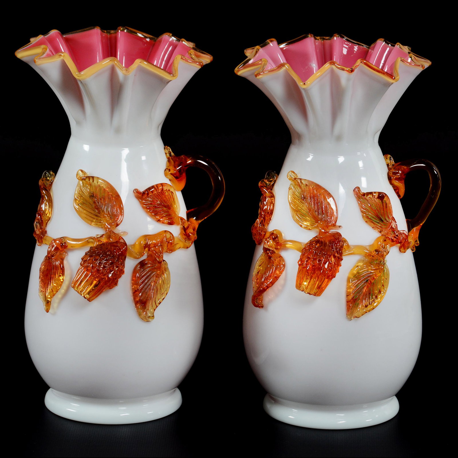 Pair Vases By Stevens & Williams Art Glass: Pair Vases By Stevens & Williams Art Glass, 10.25" X 5", White Cased Exterior, Pink Interior, Amber Applied Thistle And Leaf Decor, Private Collection, IL.