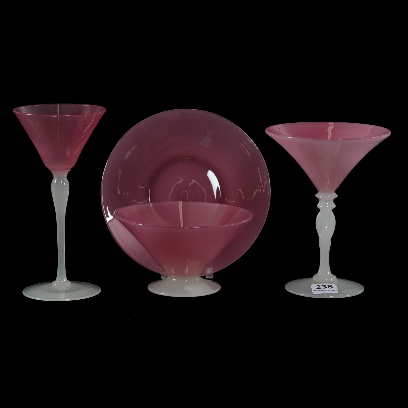 (3) Stems, Unmarked Steuben Rosaline Art Glass: (3) Stems, Unmarked Steuben Rosaline Art Glass, (1) Champagne, 5.5" X 4.25", Twist Stem, (1) Wine, 6 3/8" x 3", (1) Sherbet, 2.75" x 4 7/8", with Underplate, 6 1/8" diameter, (4) Items Total, Good Col