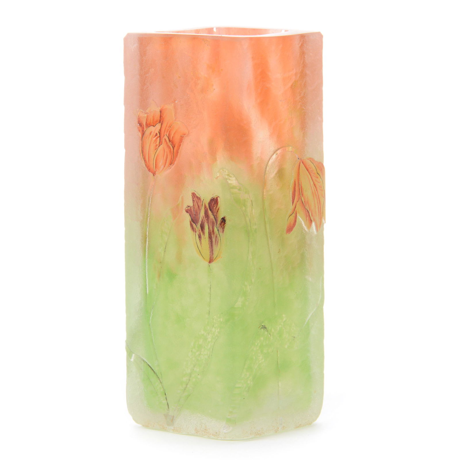 Square Vase Signed Daum Nancy French Cameo Glass: Square Vase Signed Daum Nancy French Cameo Glass, 3.75" X 1.25", Pink And Green Mottled With Cameo Carved Tulip Decor And Enamel Highlights, Private Collection, IL.