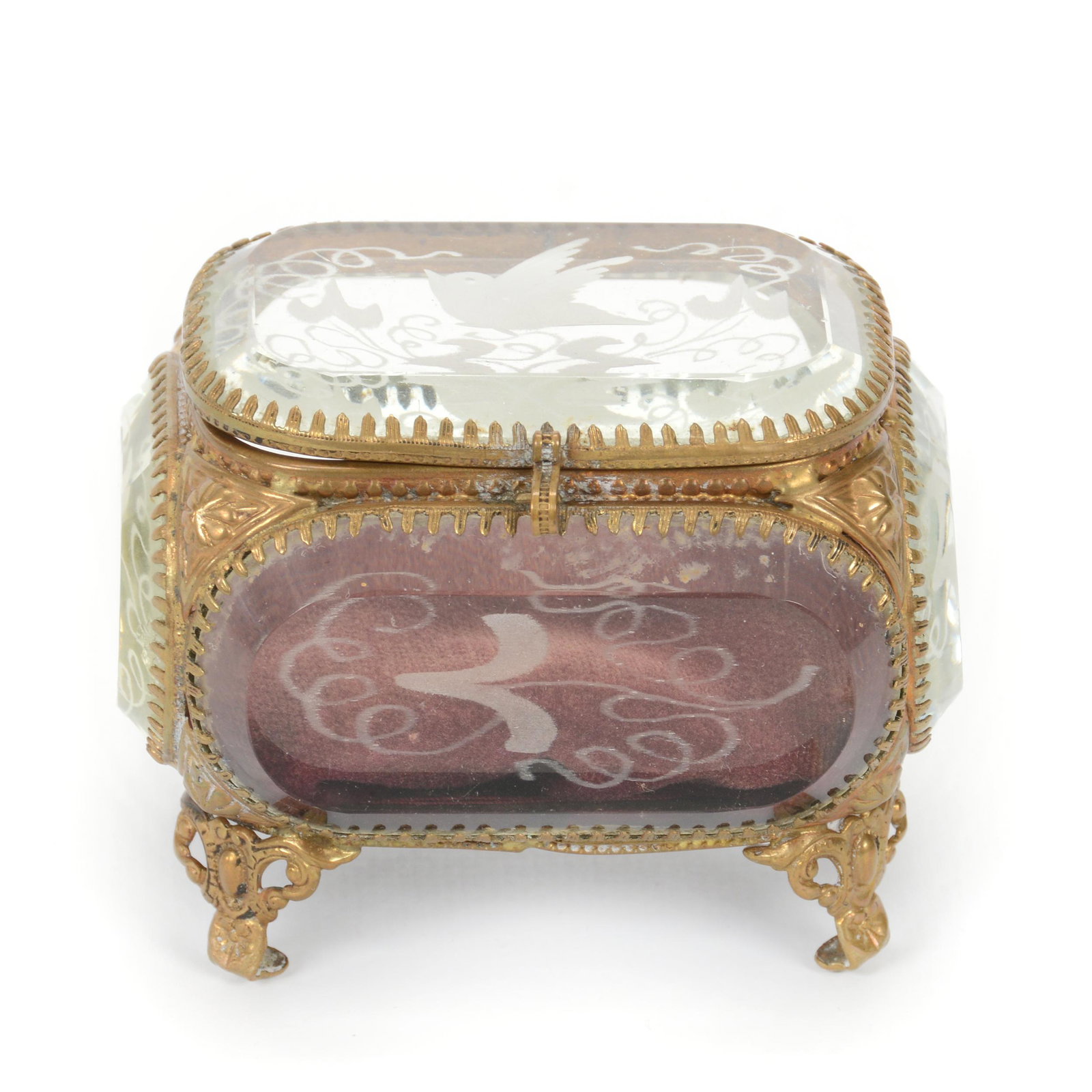 Jewel Casket, Beveled Glass W/Gilt Metal Frame: Jewel Casket, Beveled Glass W/Gilt Metal Frame, 2.5" X 3.25", Lightly Engraved Bird Decor, Private Collection, IL.