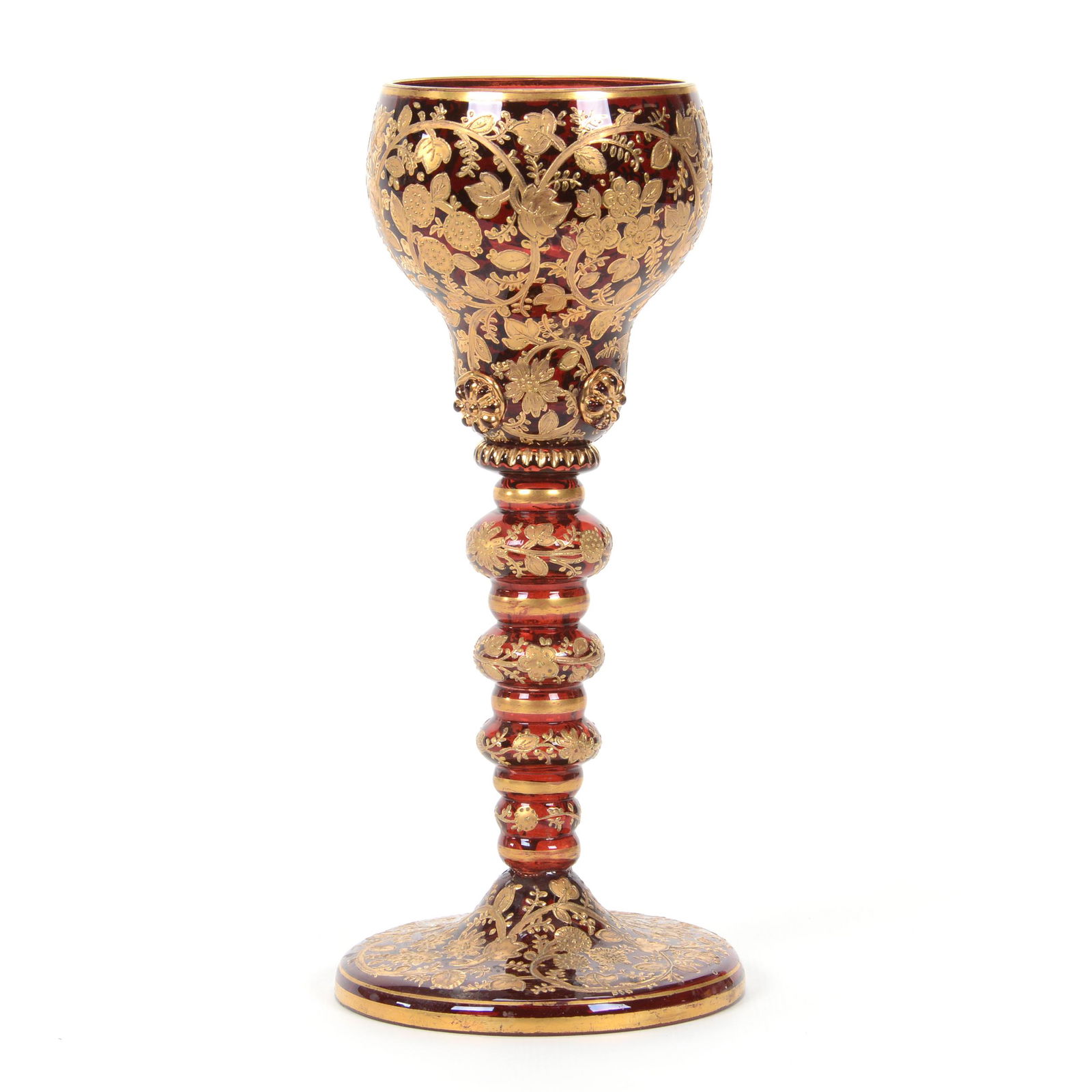 Wine Stem, Moser Art Glass, Deep Ruby: Wine Stem, Moser Art Glass, Deep Ruby, 7.75" X 3.5", Extensive Enamel Floral Decor, Private Collection, IL.