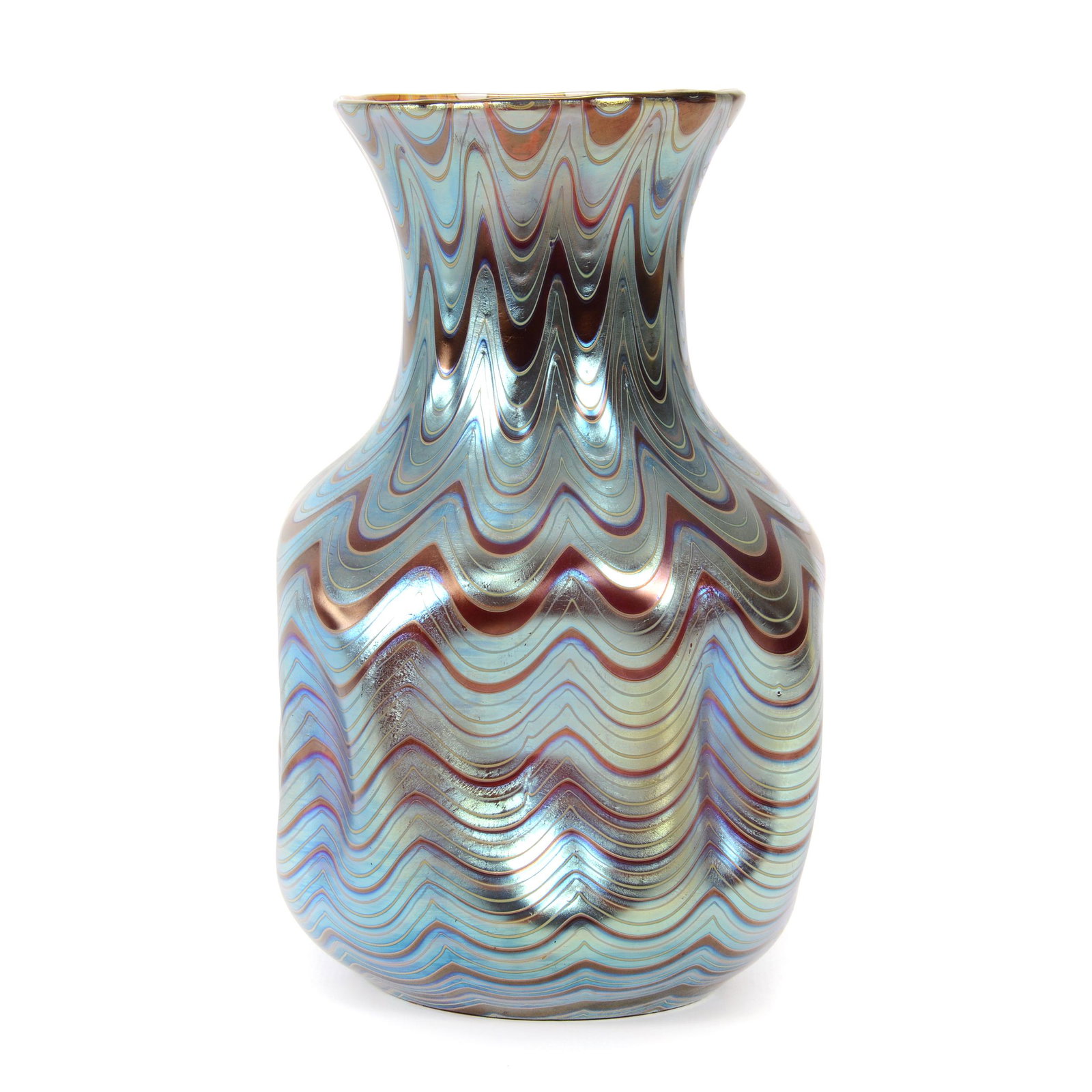 Vase, Unmarked Loetz PG 6893 Art Glass: Vase, Unmarked Loetz PG 6893 Art Glass, 7.5" X 4.5", Red And Amber Ground With Silver-Blue Threads, Free-Form Dimpled Sides, Private Collection, IL.
