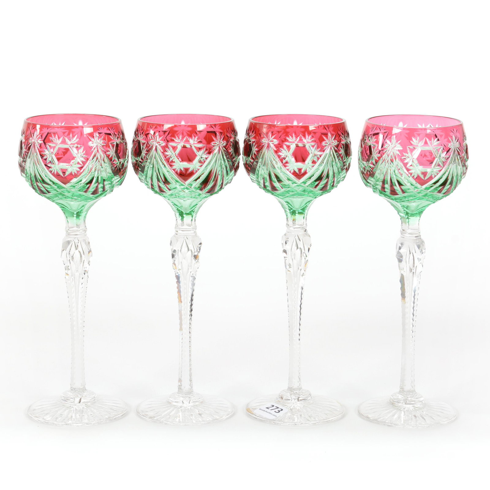 (4) Wine Stems, Cranberry Cut To Green Bowls: (4) Wine Stems, Cranberry Cut To Green Bowls, 8.5" X 3", Flashed Hobstar, Fan And Prism Motif, Clear Teardrop Notched Stem And Ray Cut Foot, Very Nice Quality, Possibly Val St. Lambert, St. Louis Or B