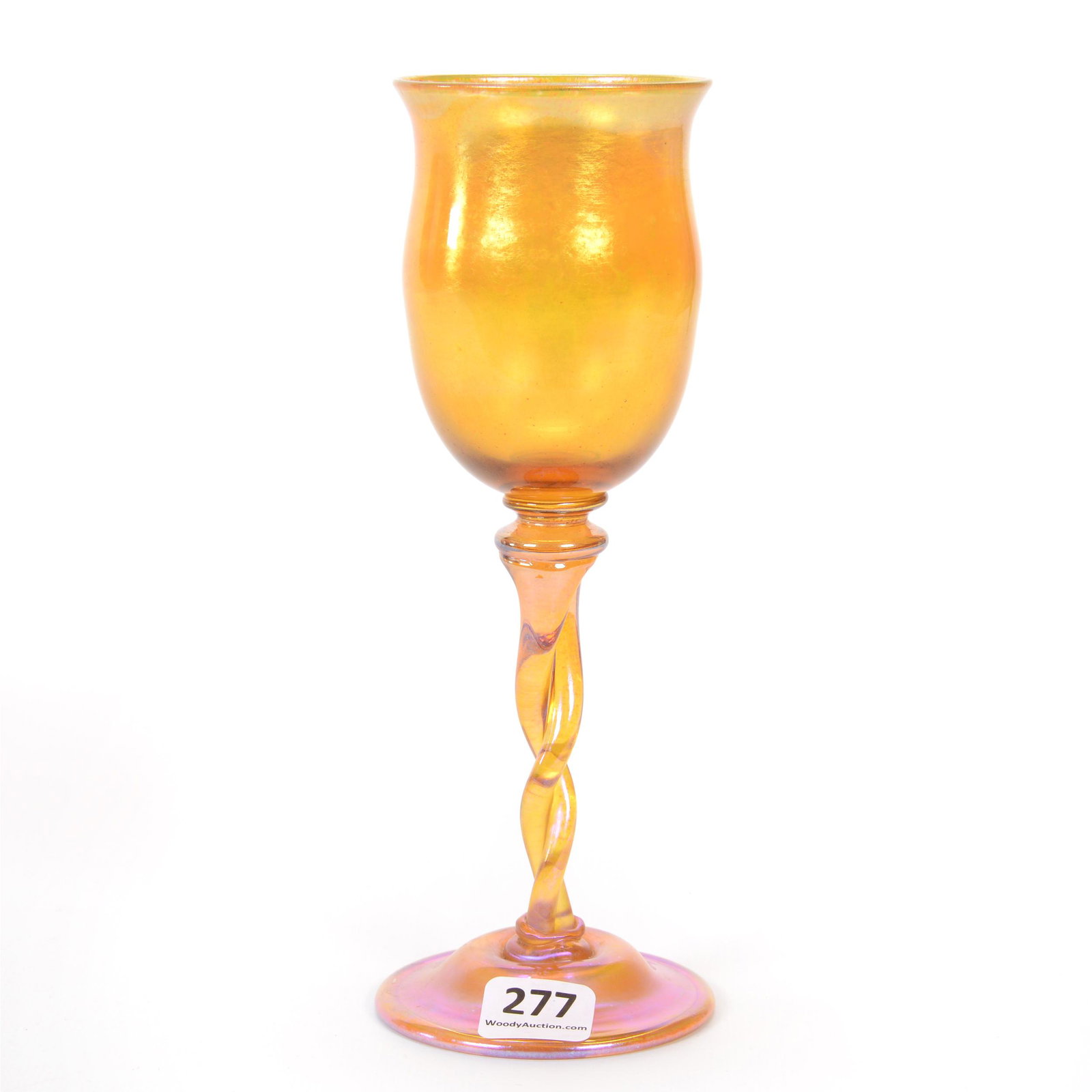 Wine Stem Signed LCT #4545 Art Glass: Wine Stem Signed LCT #4545 Art Glass, 7.5" X 2.75", Gold Iridescent, Twist Stem, Possibly Fake Mark, Good Quality But Woody Auction Does Not Guarantee This To Be Tiffany, Private Collection, IL.