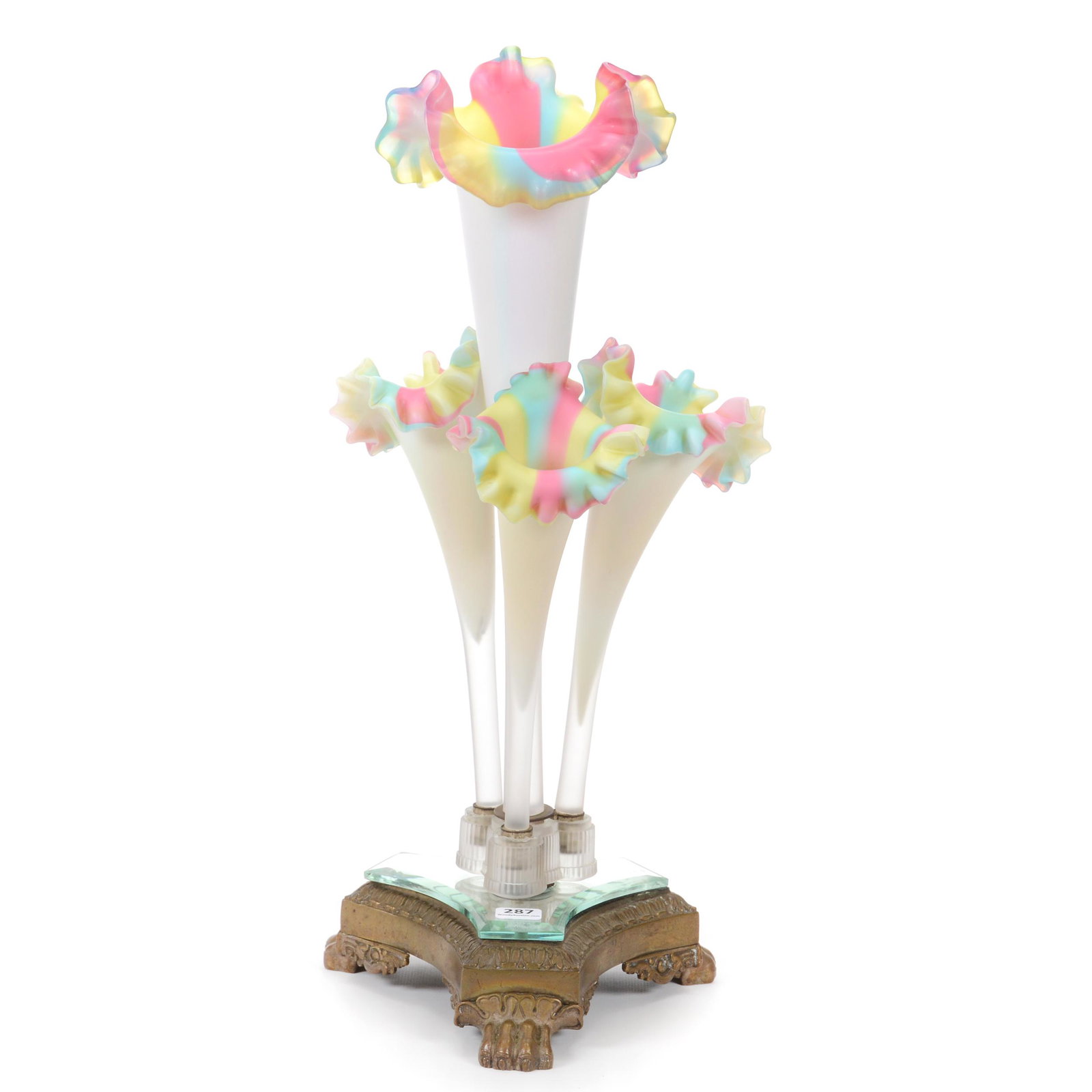 Epergne, Four Lily Rainbow Satin Art Glass: Epergne, Four Lily Rainbow Satin Art Glass, 18" X 8", White Cased Exterior, Colorful Interior, Mounted On Beveled Mirror And Gilt Metal Base, Frosted Holder For Lily Has Some Edge Chipping, Private Co