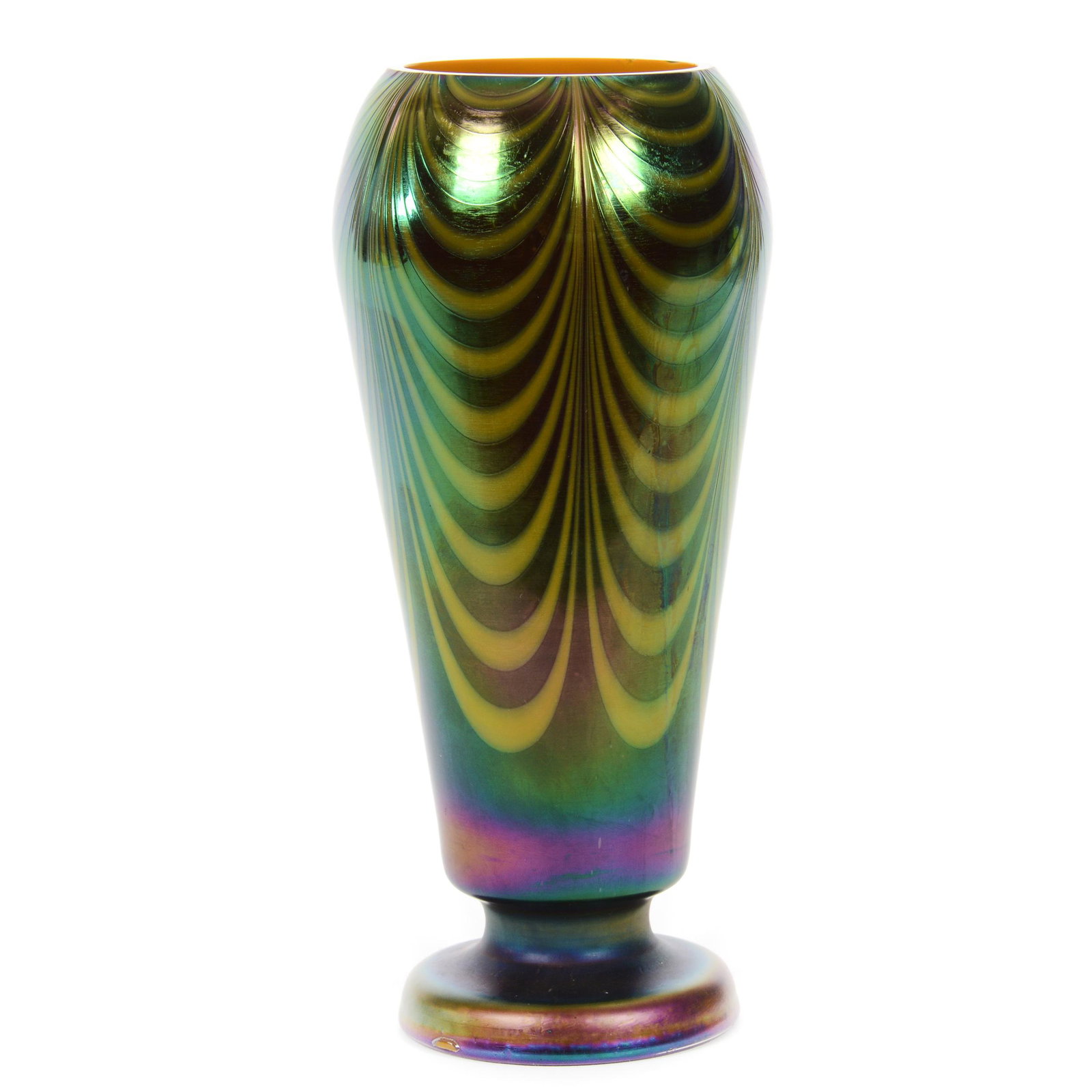 Vase, Iridescent Amethyst Drag Loop Pattern: Vase, Iridescent Amethyst Drag Loop Pattern, 9.25" X 4", Orange Interior, Possibly Made By Imperial Glass, Small Rim Nick, Private Collection, IL.