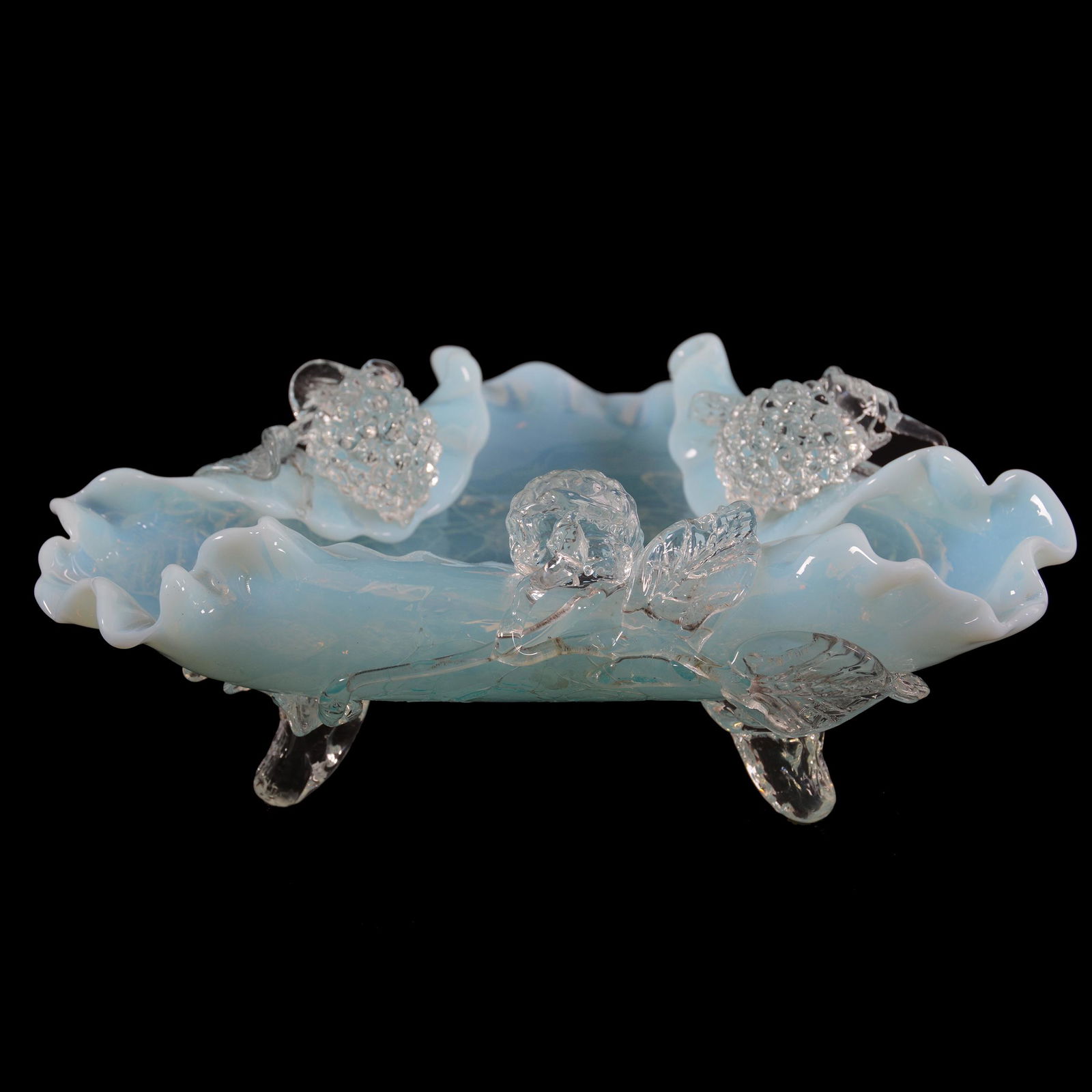 Bowl, Footed Tri-Corner, Blue Opalescent Art Glass (1 of 3)