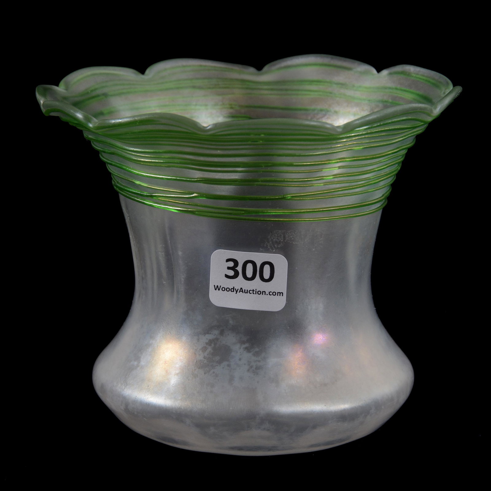 Vase, Iridescent Clear Applied Green Threaded Border: Vase, Iridescent Clear Applied Green Threaded Border, 4" X 5", Polished Pontil Base, One Small Nick On Threading, Private Collection, IL.