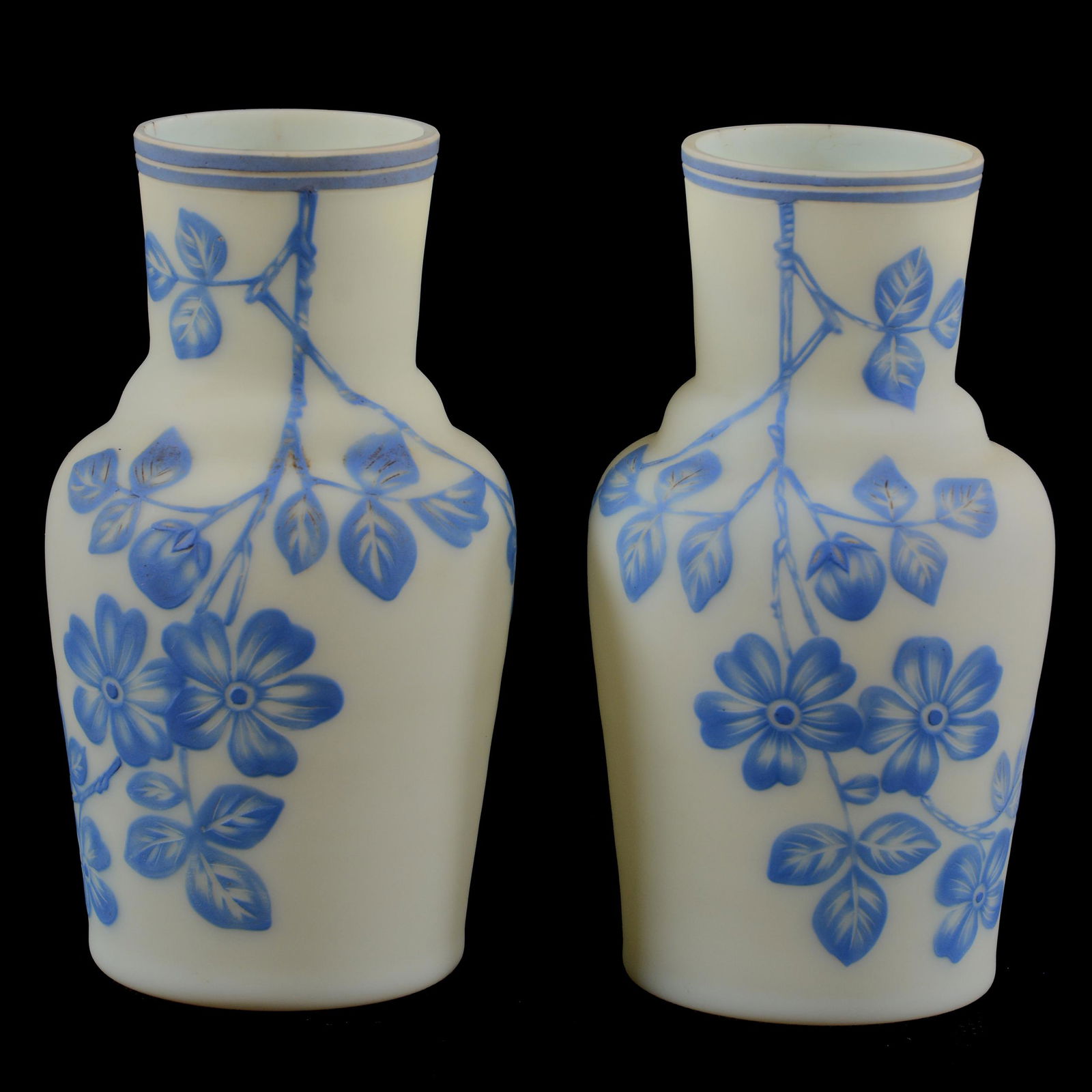 Pair Vases, Cream Satin Art Glass, Blue Cameo Decor (1 of 3)