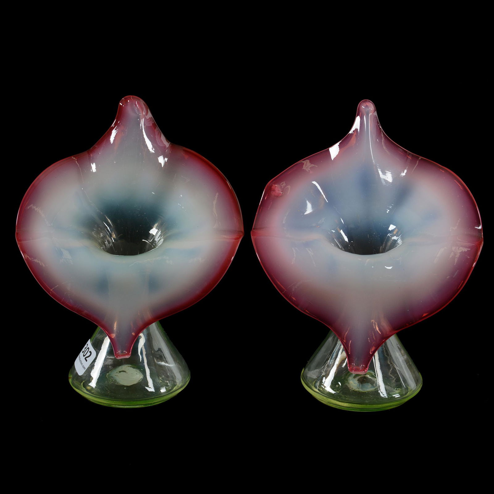Pair Vases, Cranberry/Vaseline Opalescent Art Glass (1 of 3)