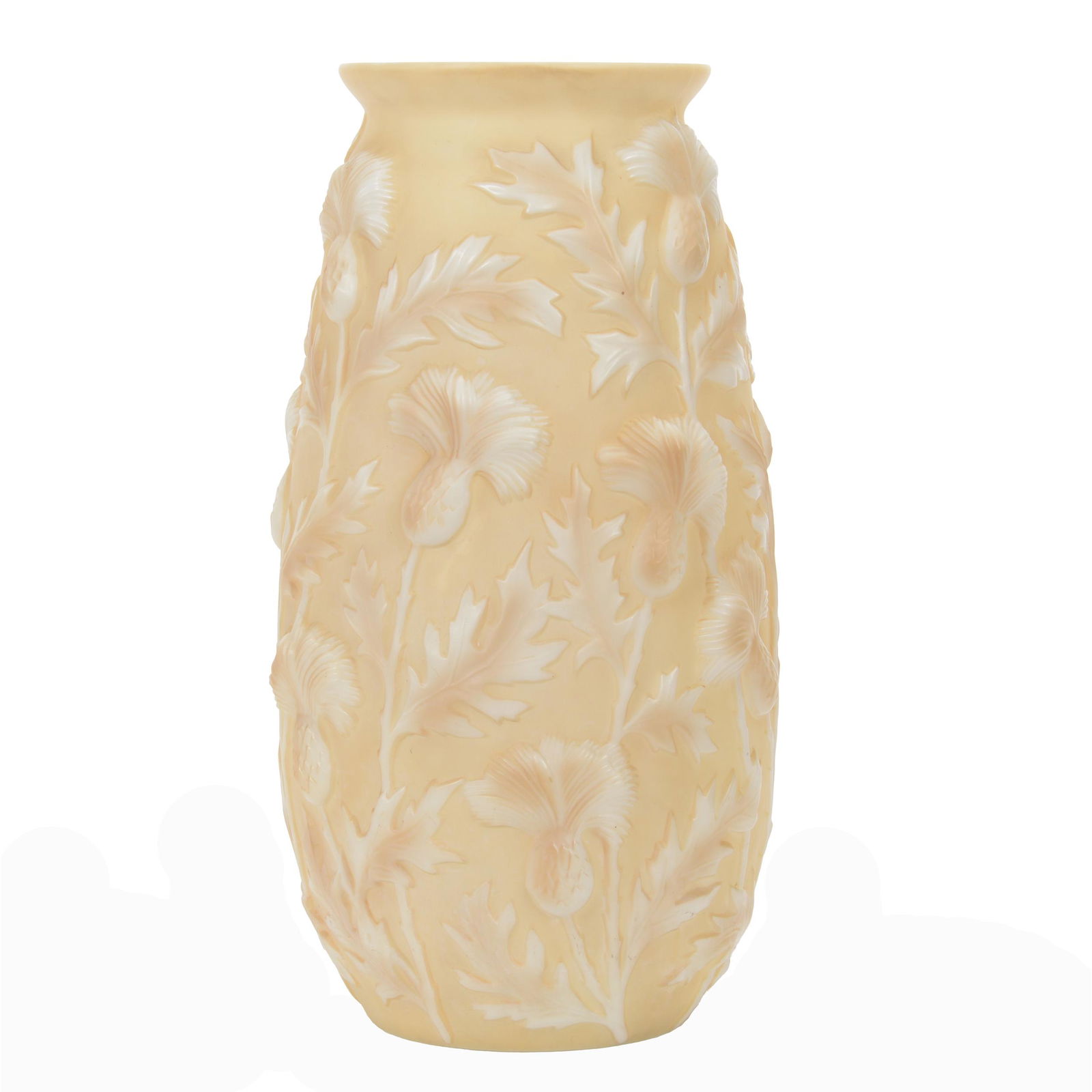 Vase, Phoenix Art Glass, Thistle Pattern: Vase, Phoenix Art Glass, Thistle Pattern, 18" X 9", Custard Background With White And Gold Highlights, Original Paper Label, Private Collection, IL.