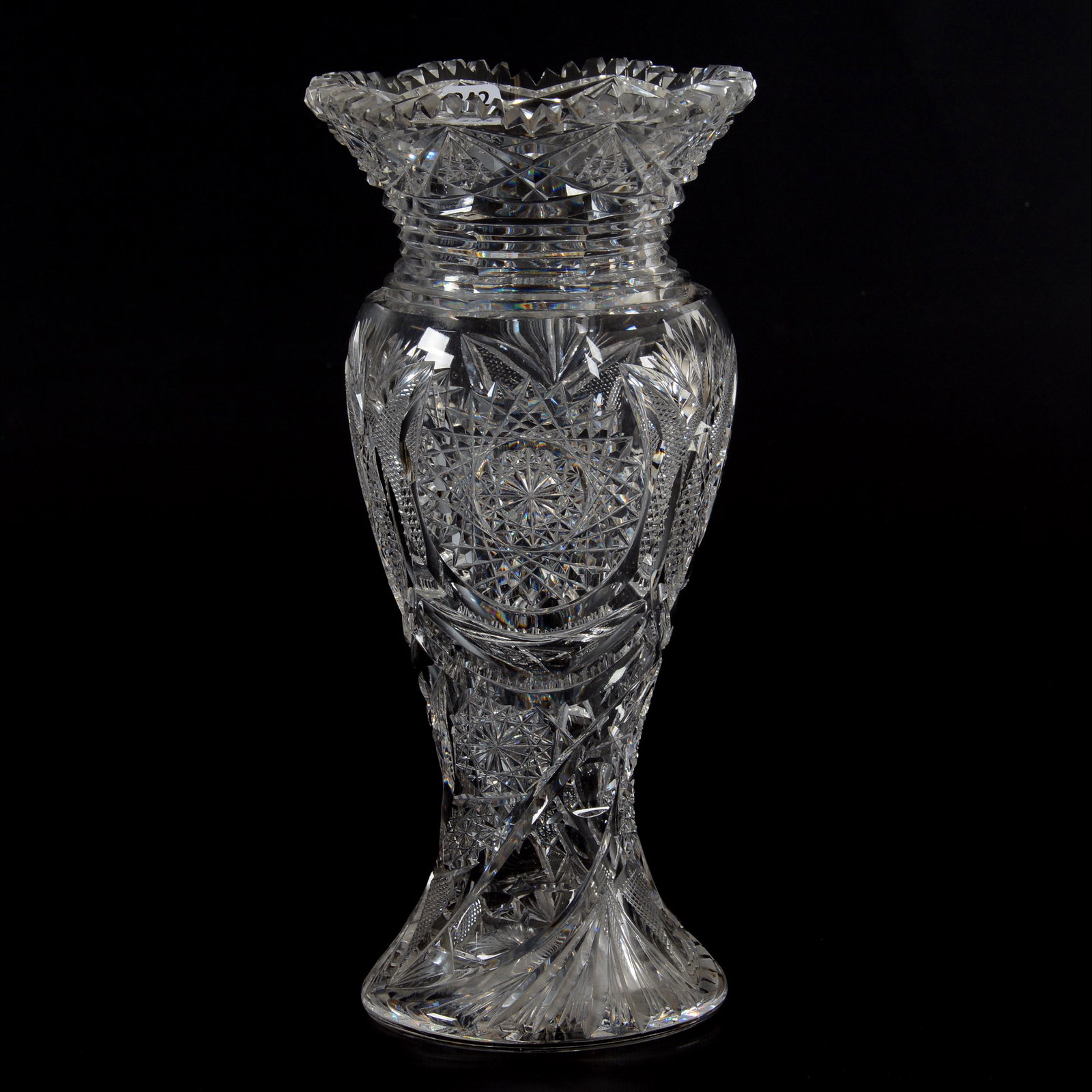 Vase, ABCG: Vase, ABCG, 13.5" X 6.5", Beautiful Hobstar, Vesica, Strawberry Diamond, Nailhead Diamond, Bullseye, Prism And Fan Motif, Step Cut Neck, Ray Cut Base, One Tooth Polished, Private Collection, IL.