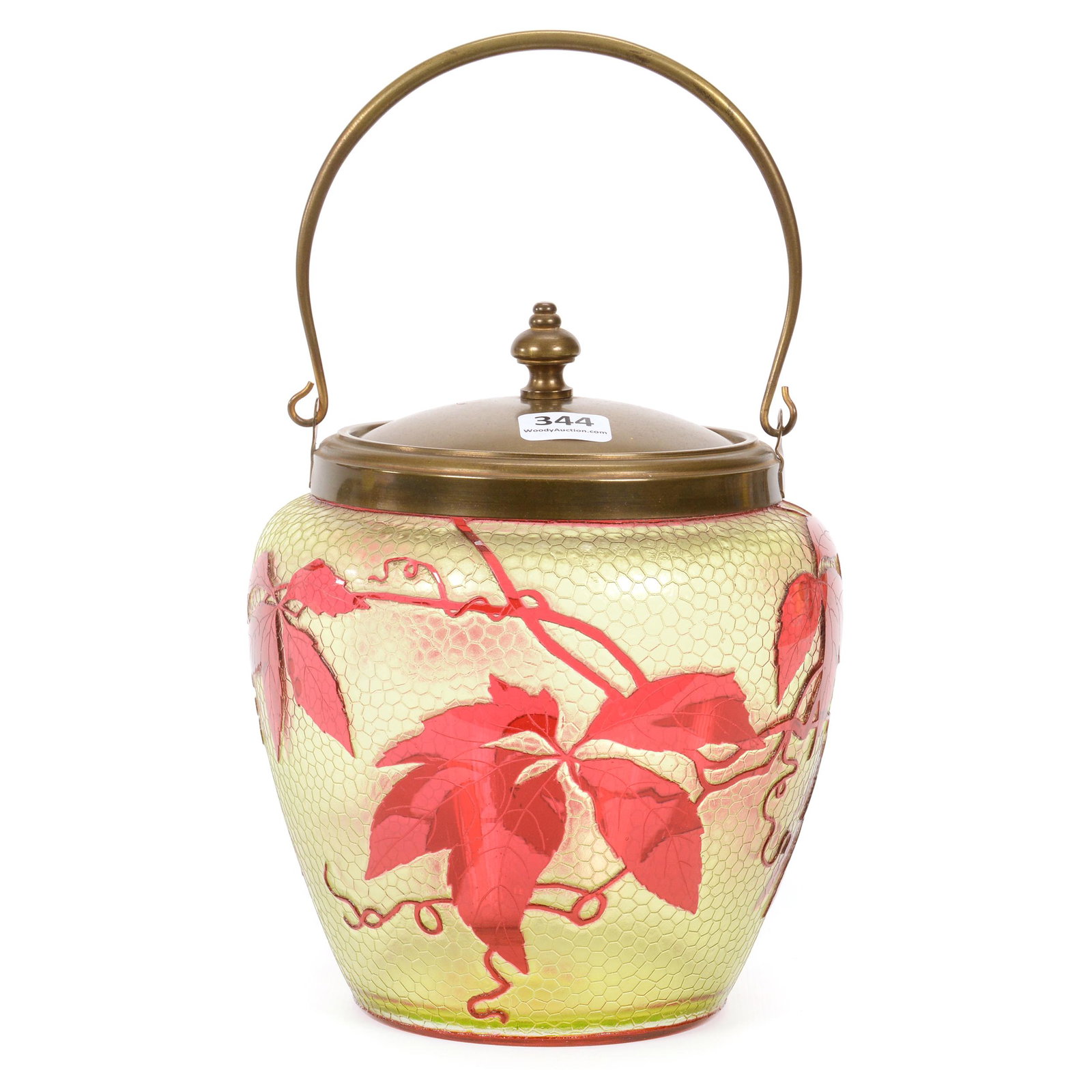 Biscuit Jar, Unmarked Baccarat Cameo Glass: Biscuit Jar, Unmarked Baccarat Cameo Glass, 7" X 5.75", Green Honeycomb Acid Cut Background With Deep Cranberry Leaf, Berry And Branch Overlay Decor, Gilt Metal Lid And Bail, Private Collection, IL.
