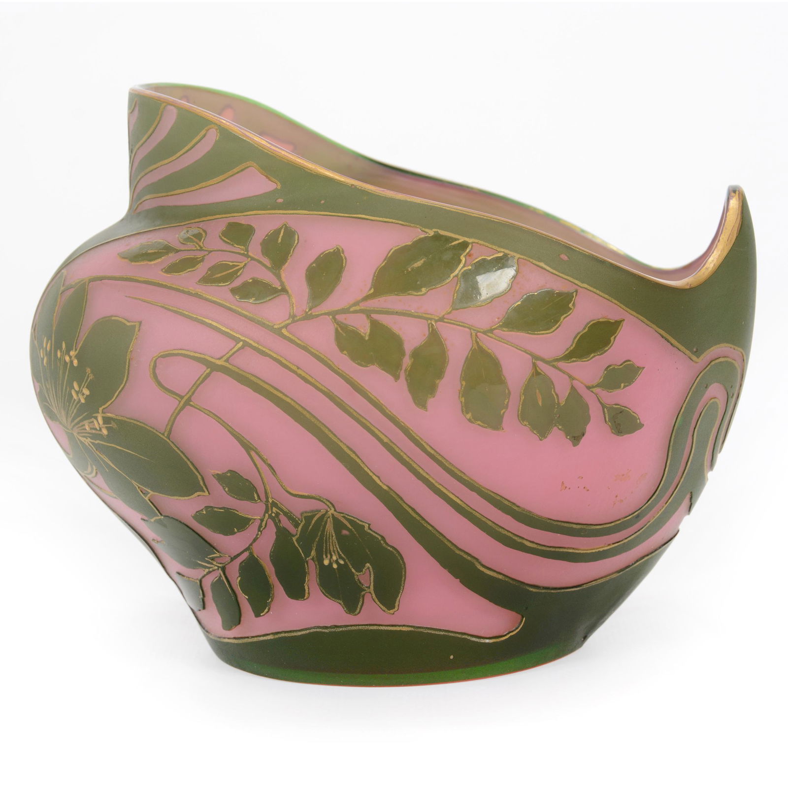 Bowl Signed Daum Nancy French Cameo Art Glass: Bowl Signed Daum Nancy French Cameo Art Glass, 5.25" X 6.5", Pink Opaque Background With Green Cameo Carved Floral Overlay, Unique Form, Private Collection, IL.