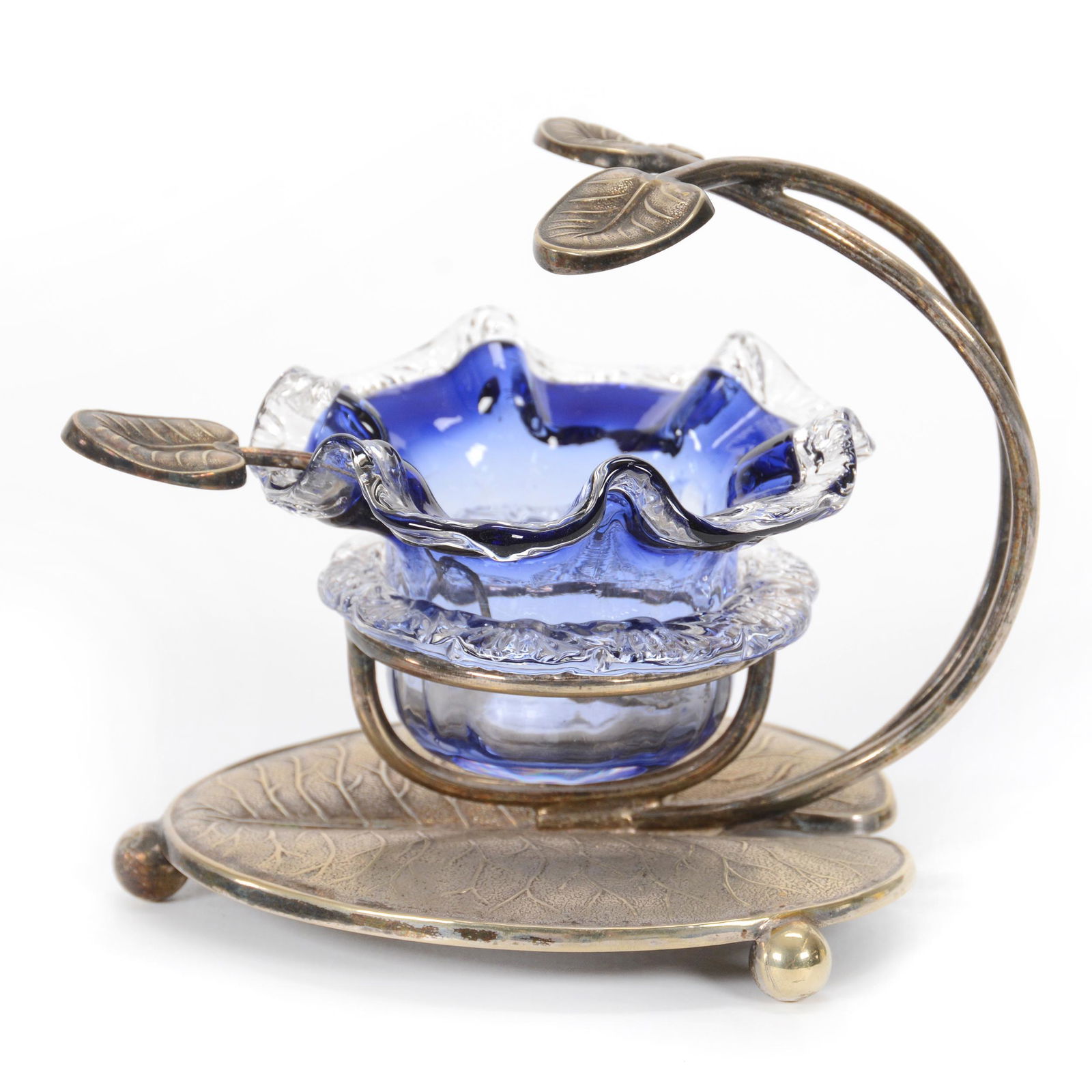 Victorian Salt Dip, Blue To Clear Art Glass Insert (1 of 3)