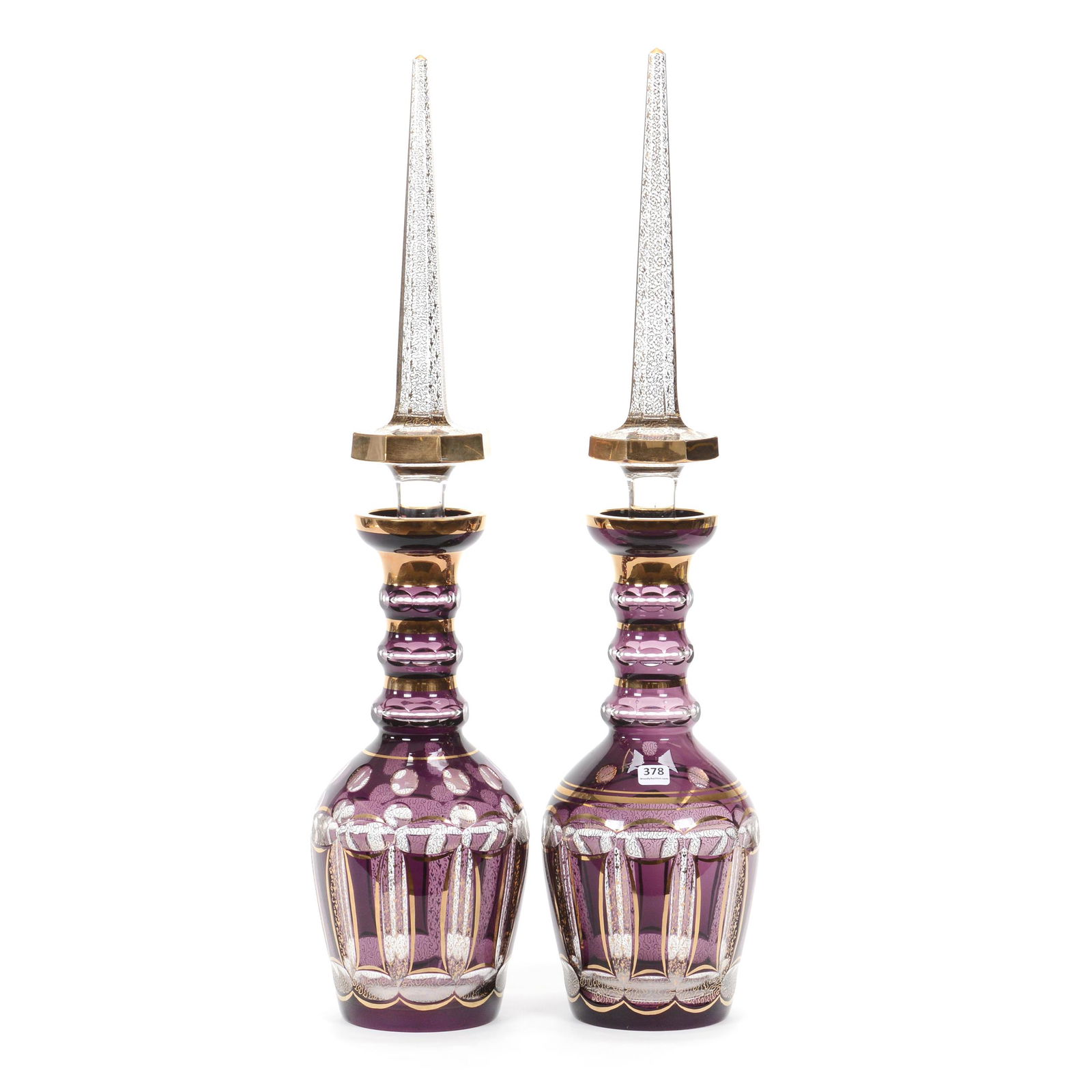 Pair Large Decanters, Clear With Lavender Overlay (1 of 3)