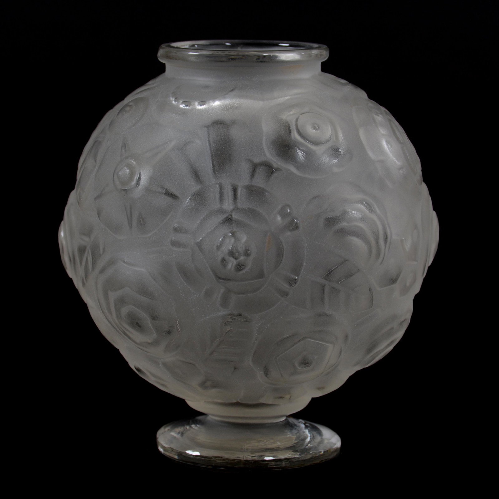 Pedestal Rose Bowl, Frosted Art Decor Design: Pedestal Rose Bowl, Frosted Art Deco Design, 6" X 5.5", Fake Sabino Mark, Rim Has Been Polished, Private Collection, IL. UPDATED 4-15-21: Corrected Spelling of Deco.