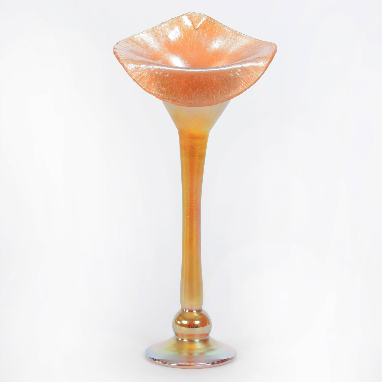 Vase, Unmarked Contemporary Art Glass: Vase, Unmarked Contemporary Art Glass, 12" X 5.5", Jack In Pulpit Shape, Gold Iridescent, Fake LCTiffany-Favrile Mark, Private Collection, IL.