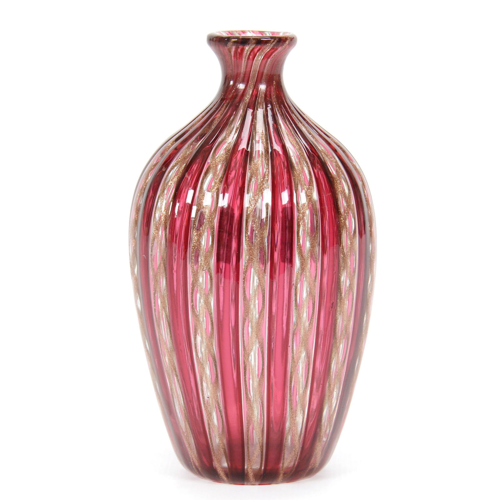 Vase, Unmarked Venetian Art Glass: Vase, Unmarked Venetian Art Glass, 5" X 2.75", Ruby And Gold Ribbon Design, Private Collection, IL.