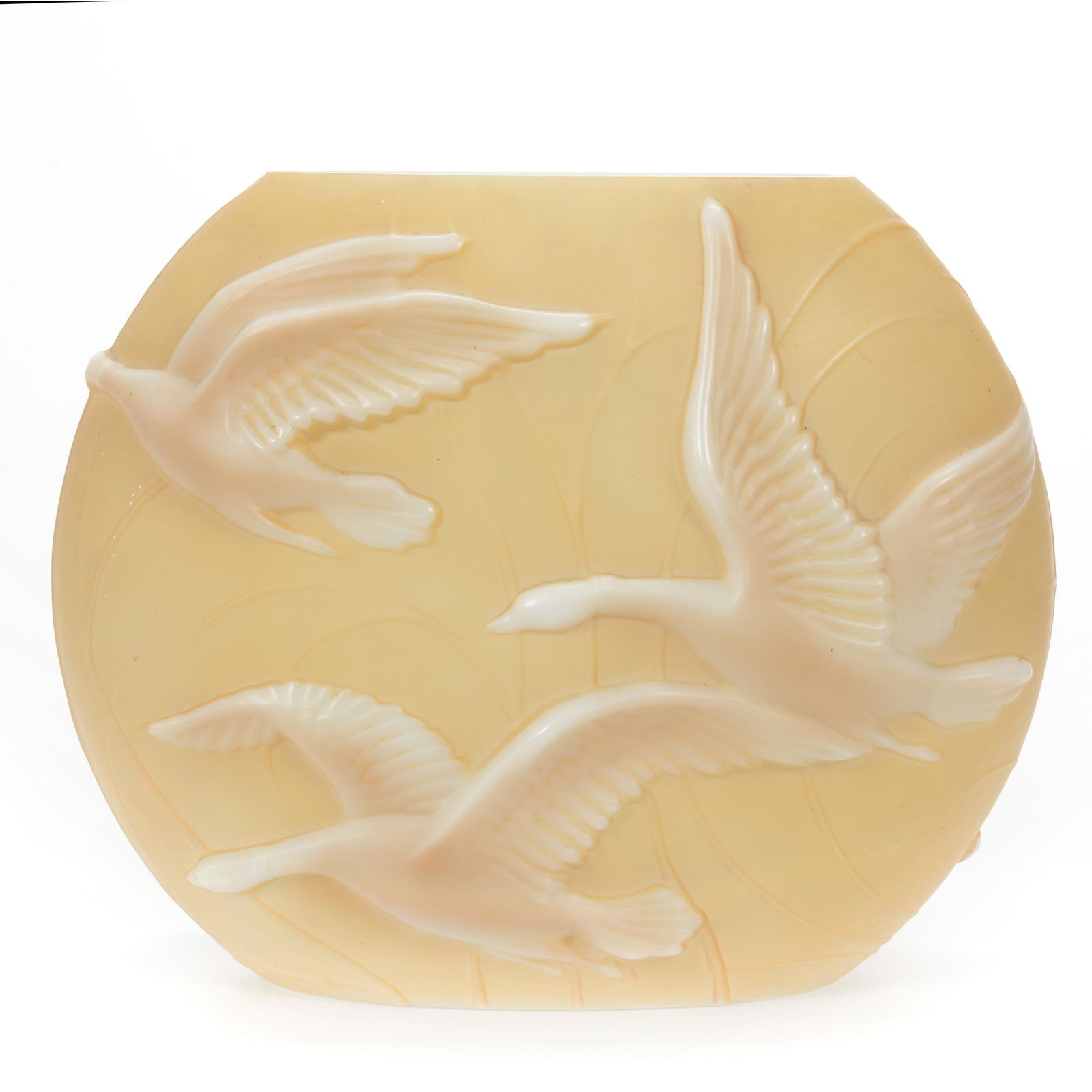 Vase, Phoenix Art Glass, Flying Geese: Vase, Phoenix Art Glass, Flying Geese, 9.5" X 11.5", Cream Background With Brown And White Highlights, Original Paper Label, Private Collection, IL.