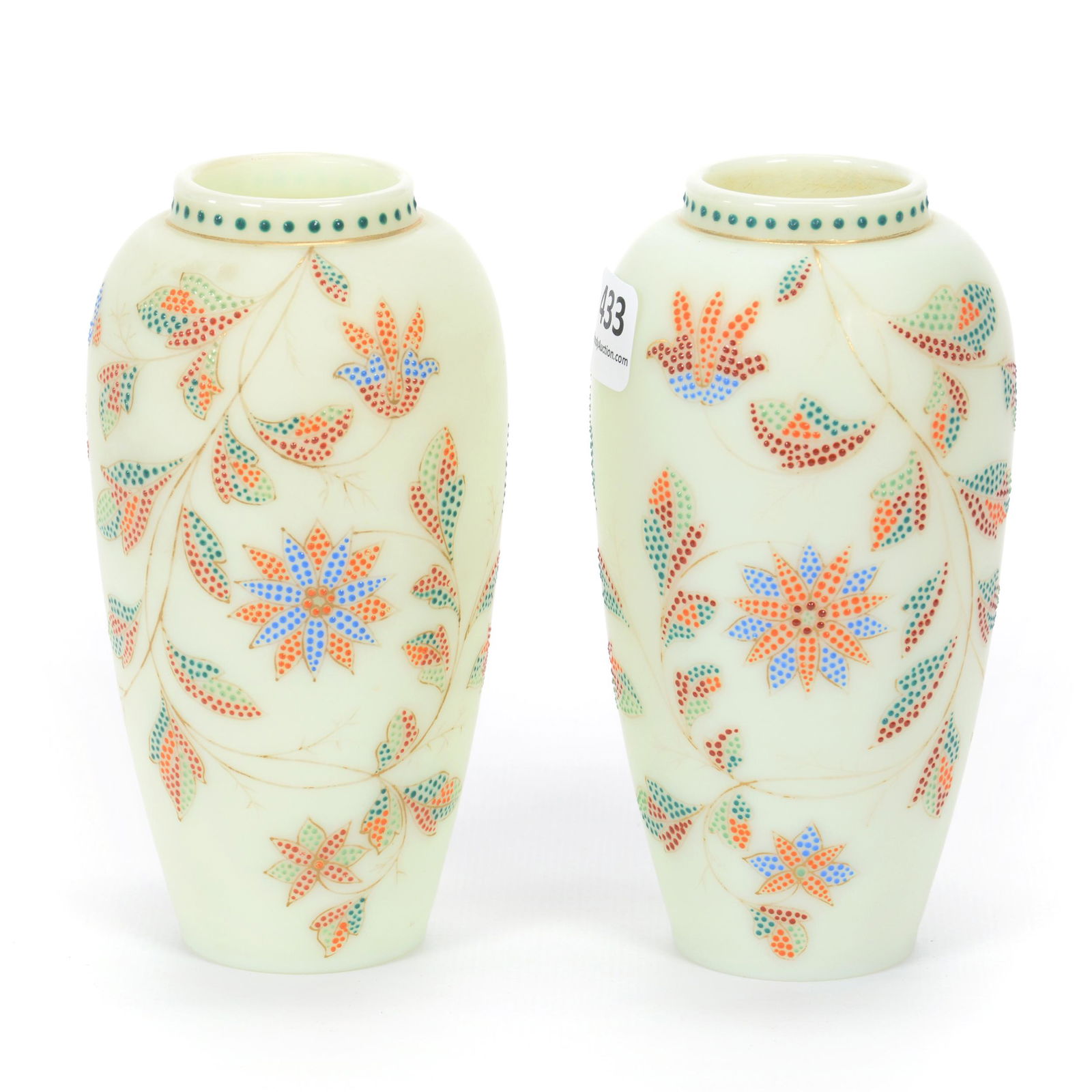 Pair Vases, Decorated Cream Satin Art Glass (1 of 3)