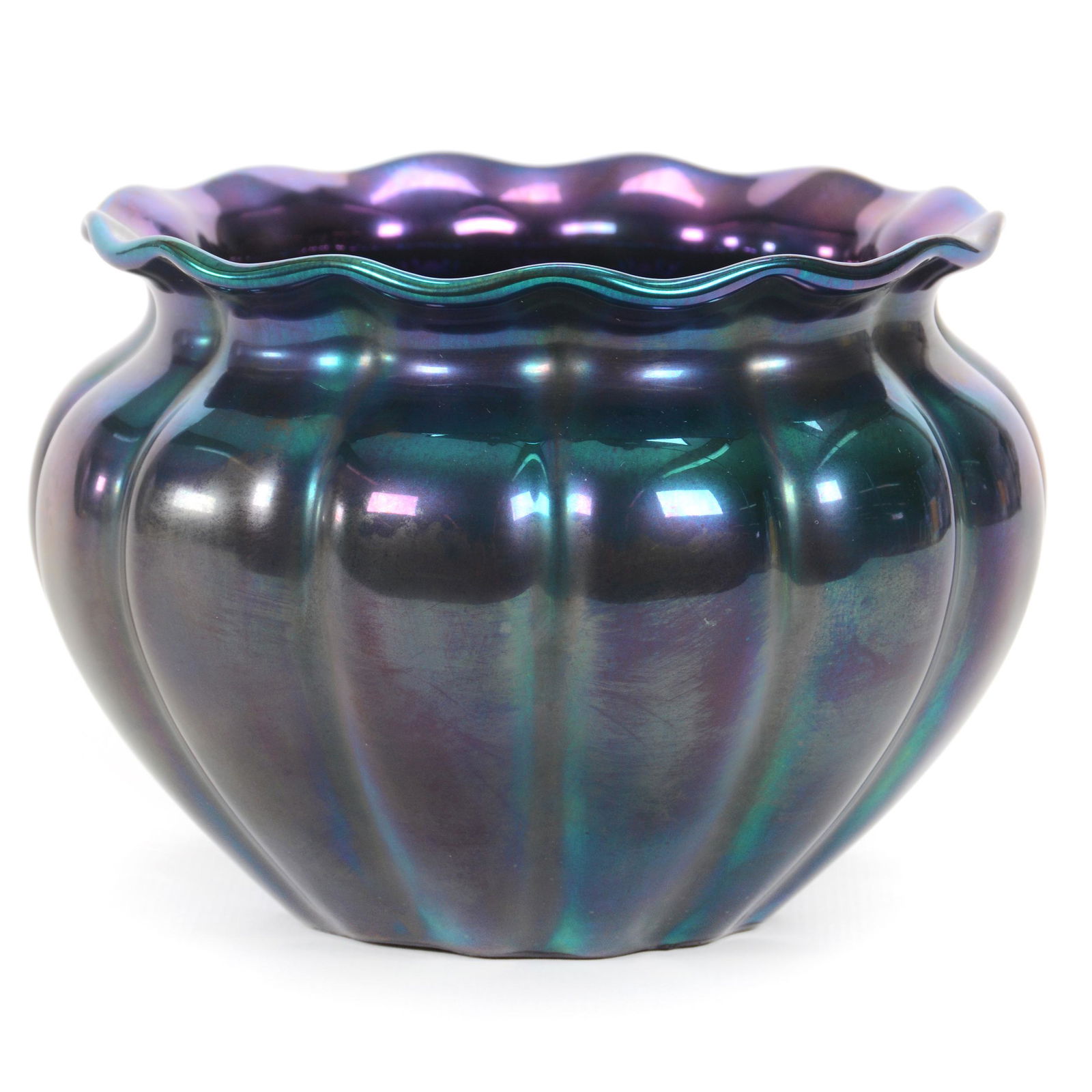 Bowl Marked Zsolnay Art Pottery: Bowl Marked Zsolnay Art Pottery, 3.75" X 5.5", Blue Iridescent Melon Rib Design, Private Collection, IL.