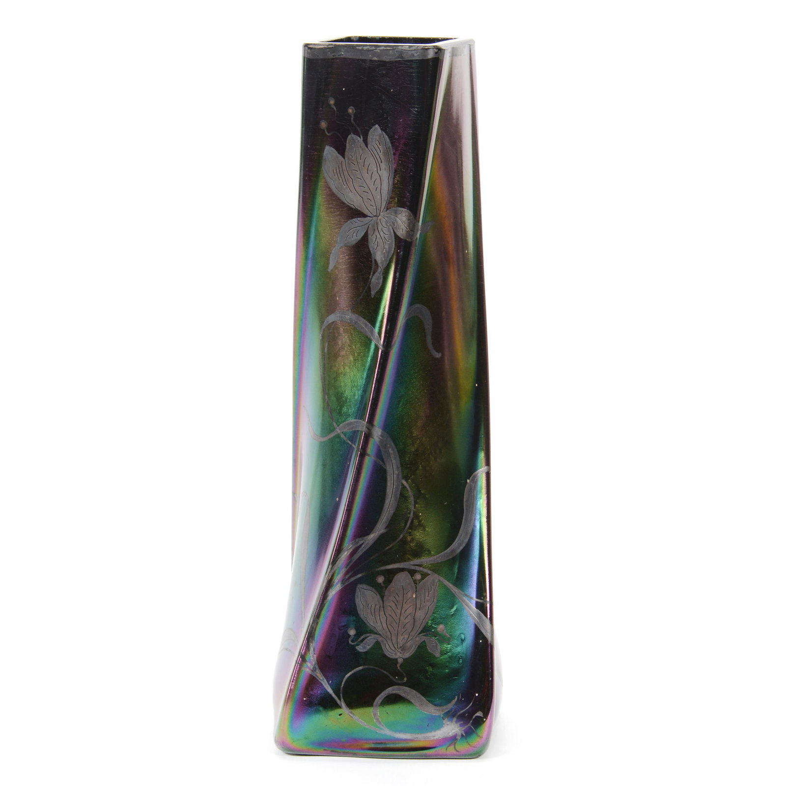 Vase, Unmarked Iridescent Loetz Style Art Glass: Vase, Unmarked Iridescent Loetz Style Art Glass, 10.25" X 3.5", Silver Floral Decor, Private Collection, IL.