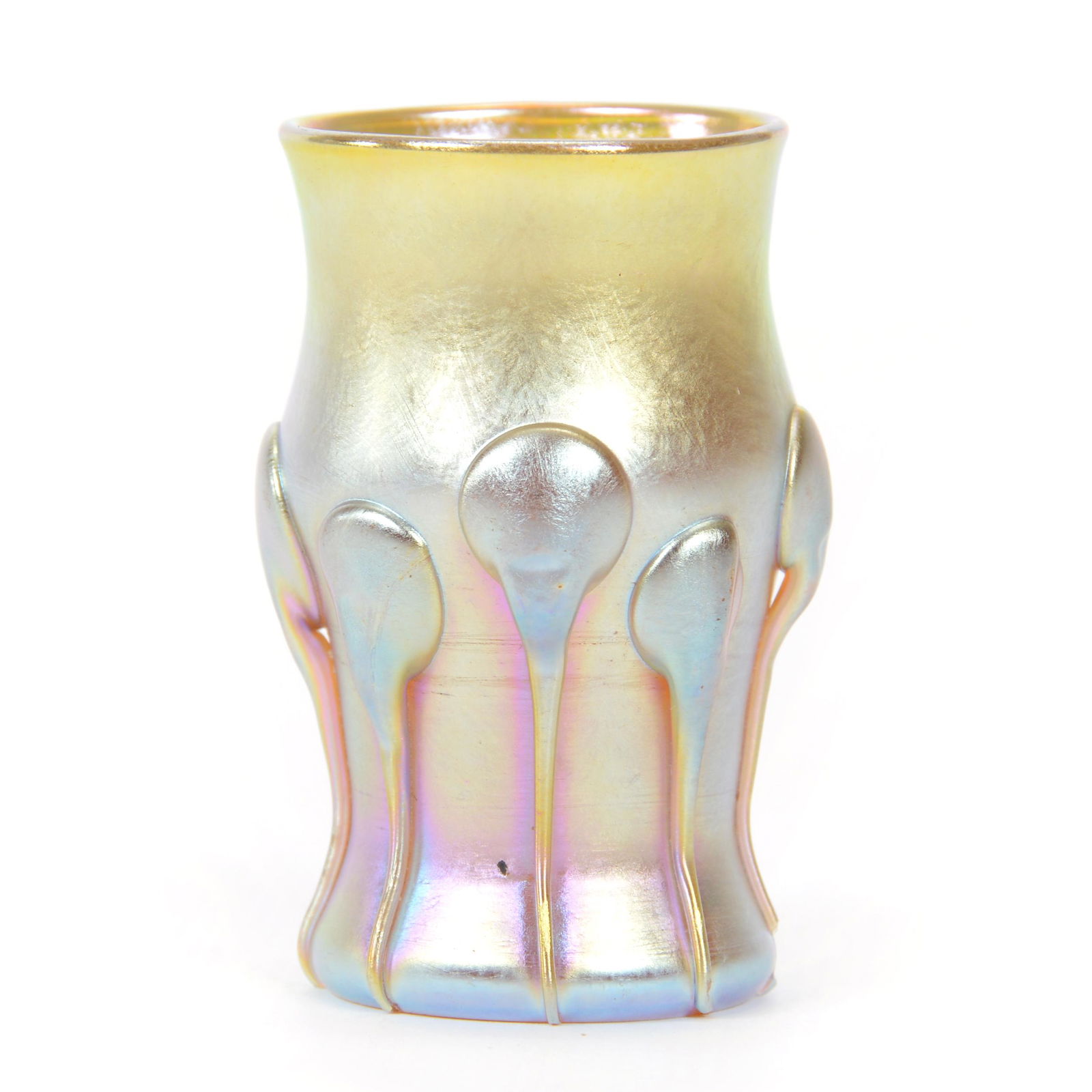 Toothpick Holder Signed LCT T7515 Art Glass: Toothpick Holder Signed LCT T7515 Art Glass, 2.25" X 1.5", Gold Iridescent With Eight Applied Tadpoles, Three Tadpole Tails Are Chipped, Private Collection, IL.