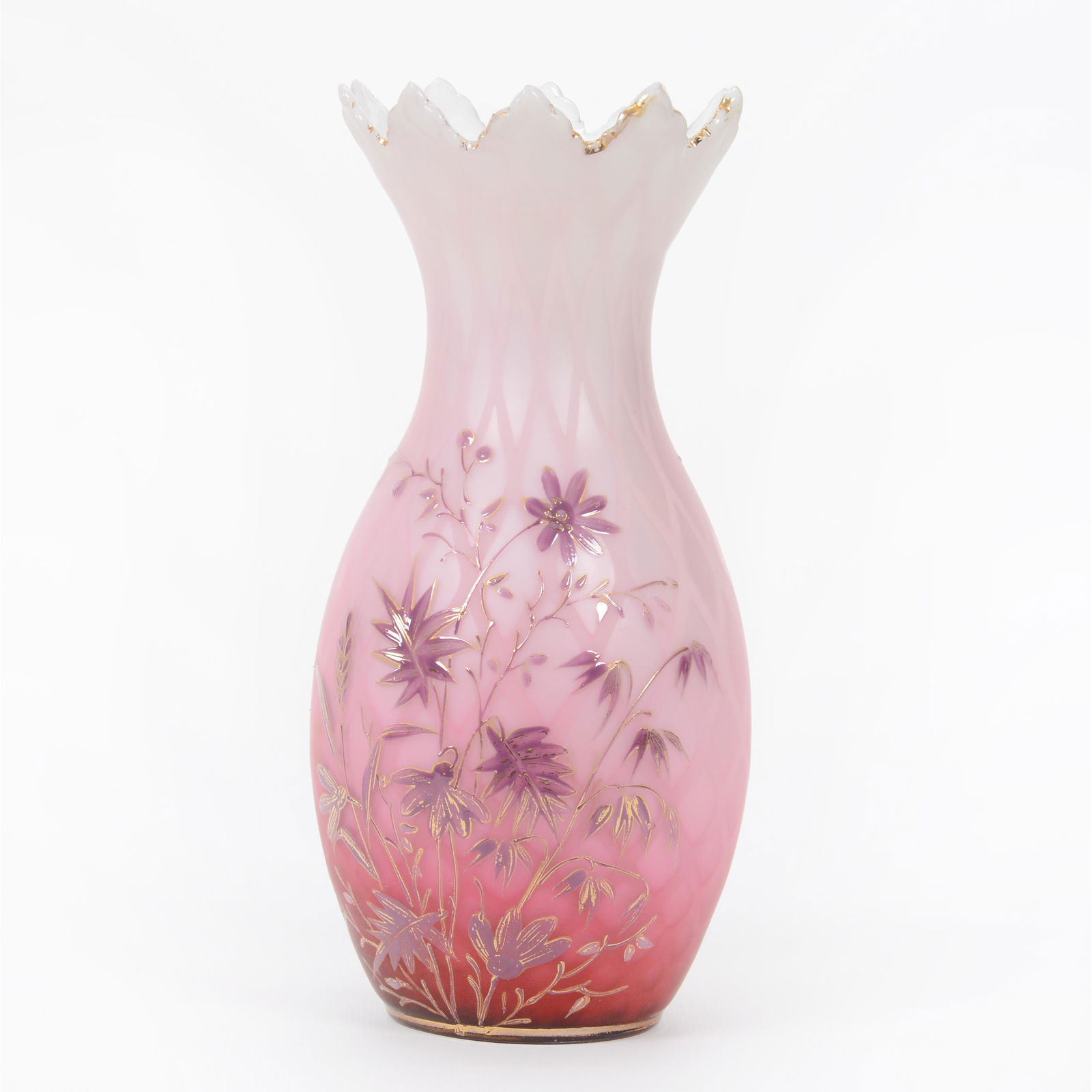 Vase, Pink/White Satin Diamond Quilted MOP Art Glass (1 of 3)
