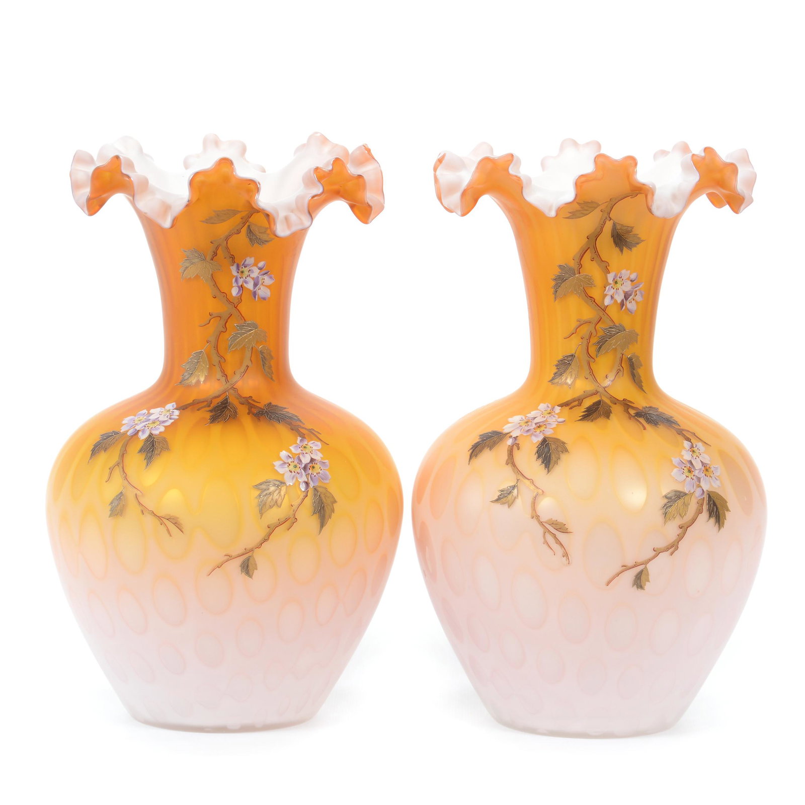 Pair Vases Marked Harrach (Propeller Mark) Decorated: Pair Vases Marked Harrach (Propeller Mark) Decorated Apricot Satin MOP Art Glass, 11" X 6.5", Decorated Apricot Satin MOP Art Glass, Nice Enamel Decor Of Leaf, Branch And Berries, Private Collection, 