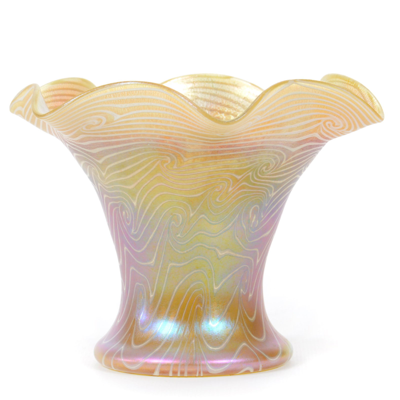 Vase Signed Quezal X131 Art Glass: Vase Signed Quezal X131 Art Glass, 4.5" X 5.75", Gold Iridescent With White King Tut Design, Private Collection, IL.