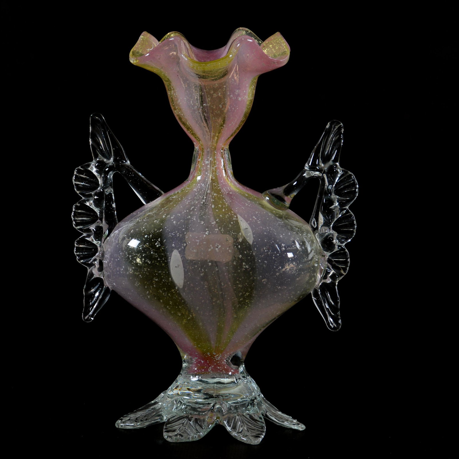 Pedestal Vase, Possibly Stevens & Williams Art Glass: Pedestal Vase, Possibly Stevens & Williams Art Glass, 8" X 5.75", Pink And Yellow Stripe Design With Silver Mica Highlights, Applied Handles With Petal Feet, Private Collection, IL.