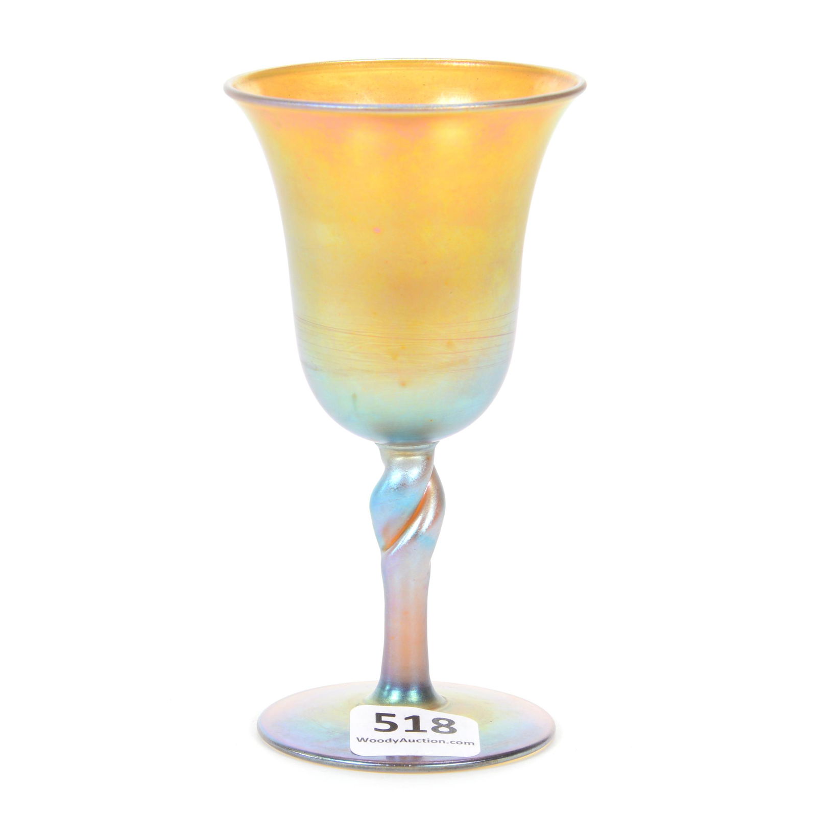 Wine Stem Marked Aurene 2361 By Steuben: Wine Stem Marked Aurene 2361 By Steuben, 4.5" X 2.5", Gold Iridescent Art Glass, Twist Stem, Private Collection, IL.