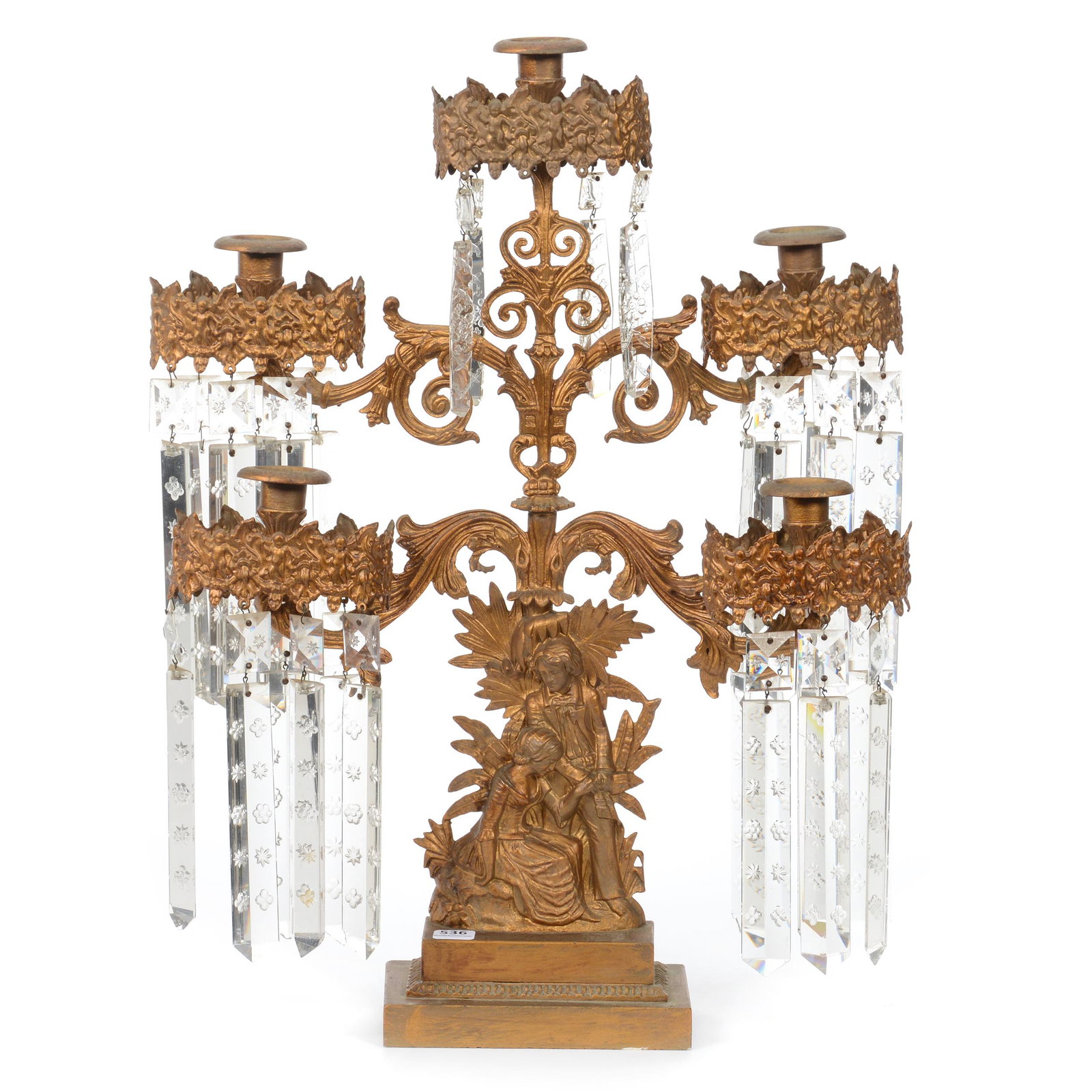 Five Arm Girandole Candelabra: Five Arm Girandole Candelabra, 21" X 16", Gilt Metal With Embossed Courting Scene Decor, (25) Original Flat 6" Prisms With Floral Highlights, An Additional Four 4" Prisms Are Included, Some Prisms Are