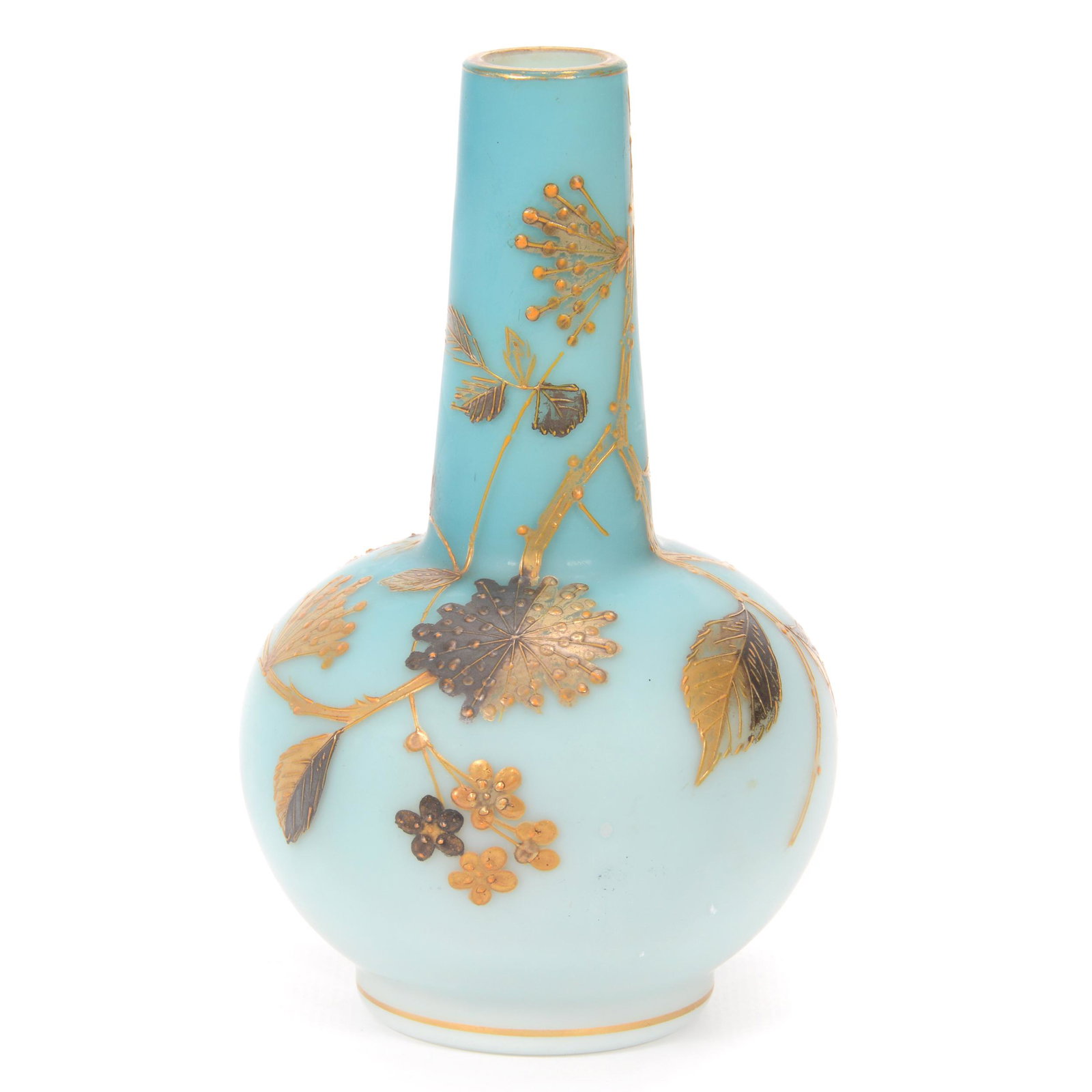 Vase, Blue Satin Art Glass With Decoration: Vase, Blue Satin Art Glass With Decoration, 5.5" X 3.5", Enamel Branch, Blossom And Butterfly Decor, Attributed To Webb, Private Collection, IL.