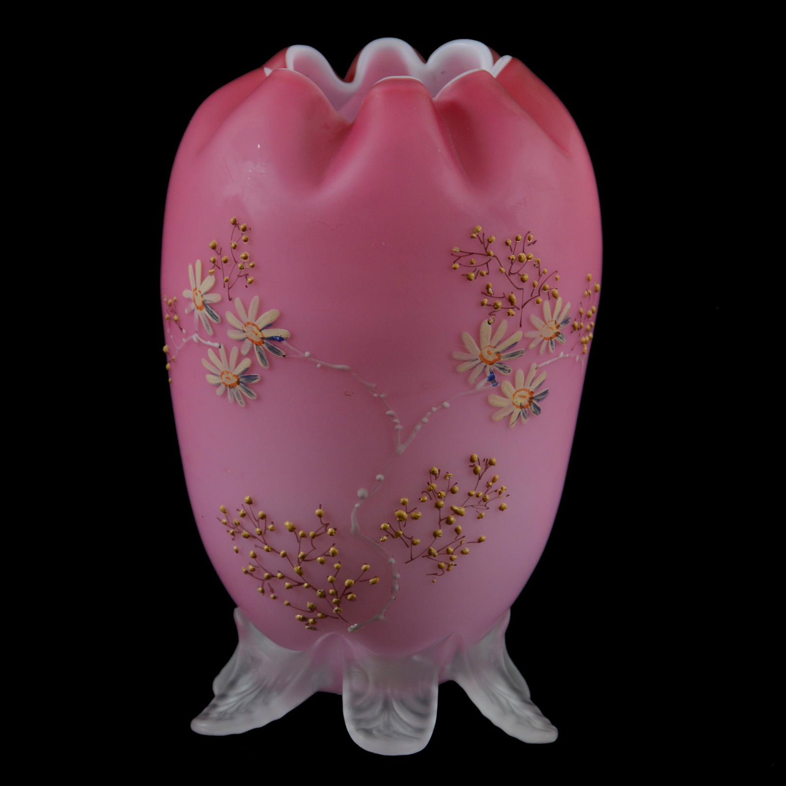 Vase, Decorated Pink Satin Art Glass, Egg Form (1 of 3)