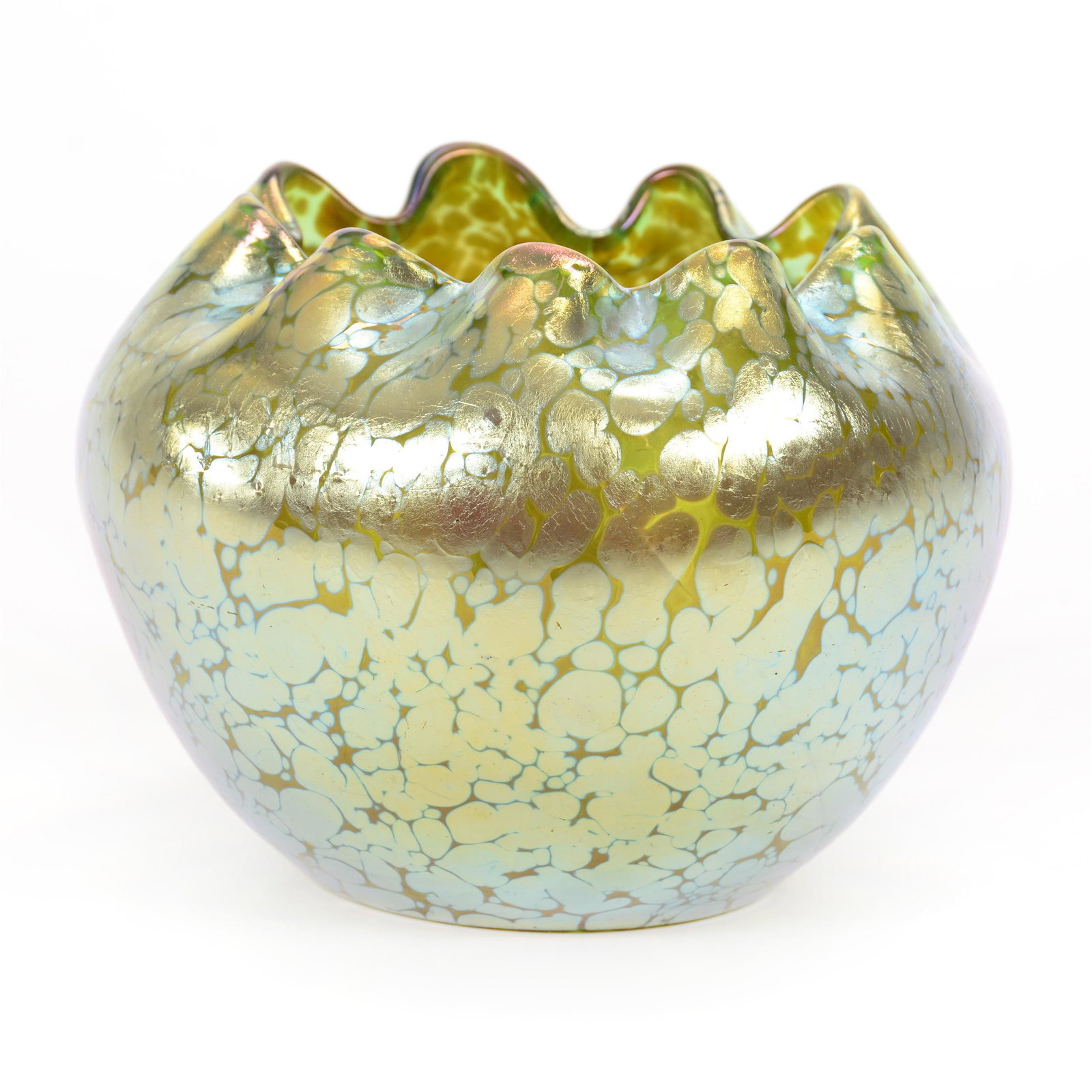 Rose Bowl, Unmarked Loetz Art Glass: Rose Bowl, Unmarked Loetz Art Glass, 4.25" X 5.5", Green Iridescent Papillon Pattern, Private Collection, IL.